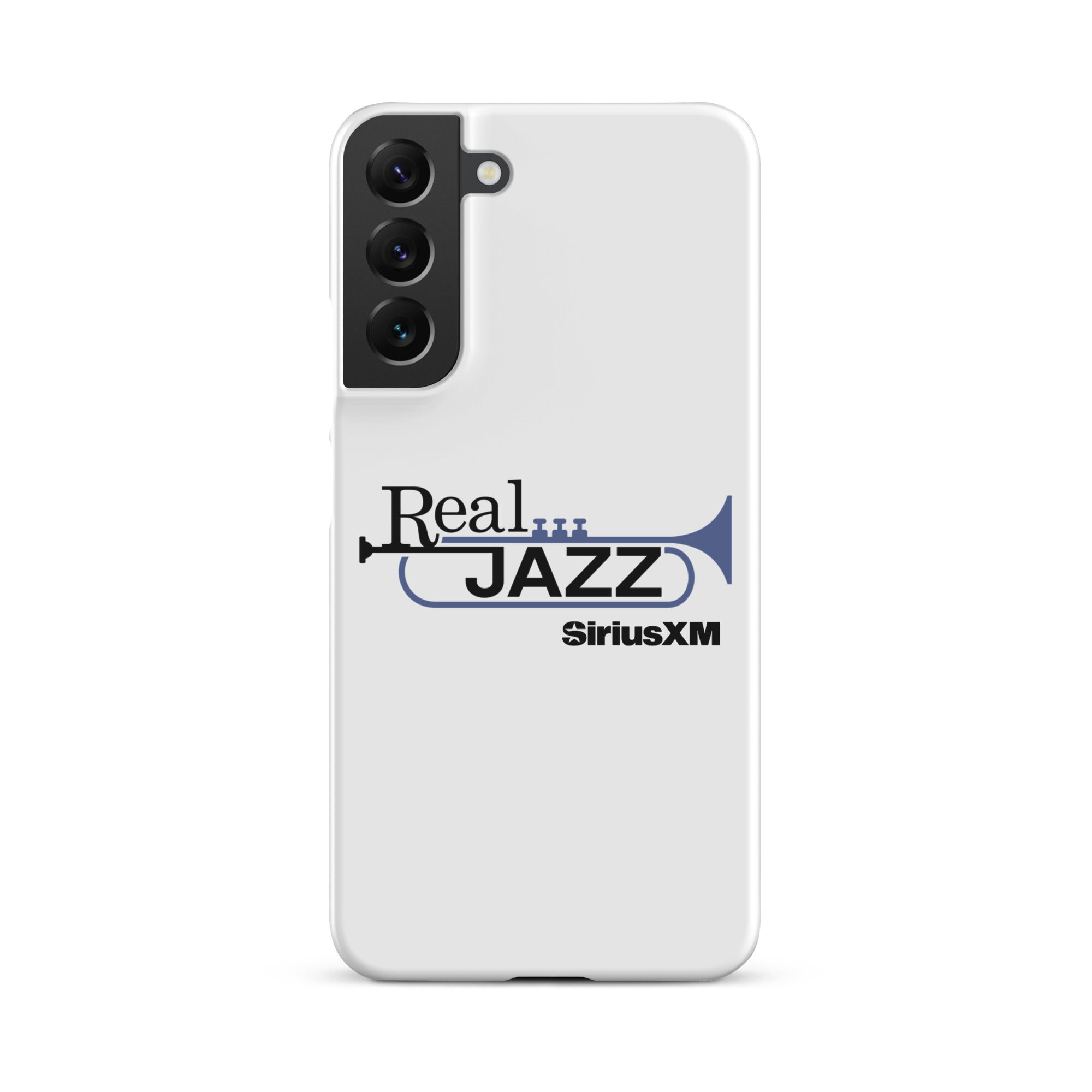 White phone case featuring 'Real Jazz' logo with trumpet and 'SiriusXM' text.