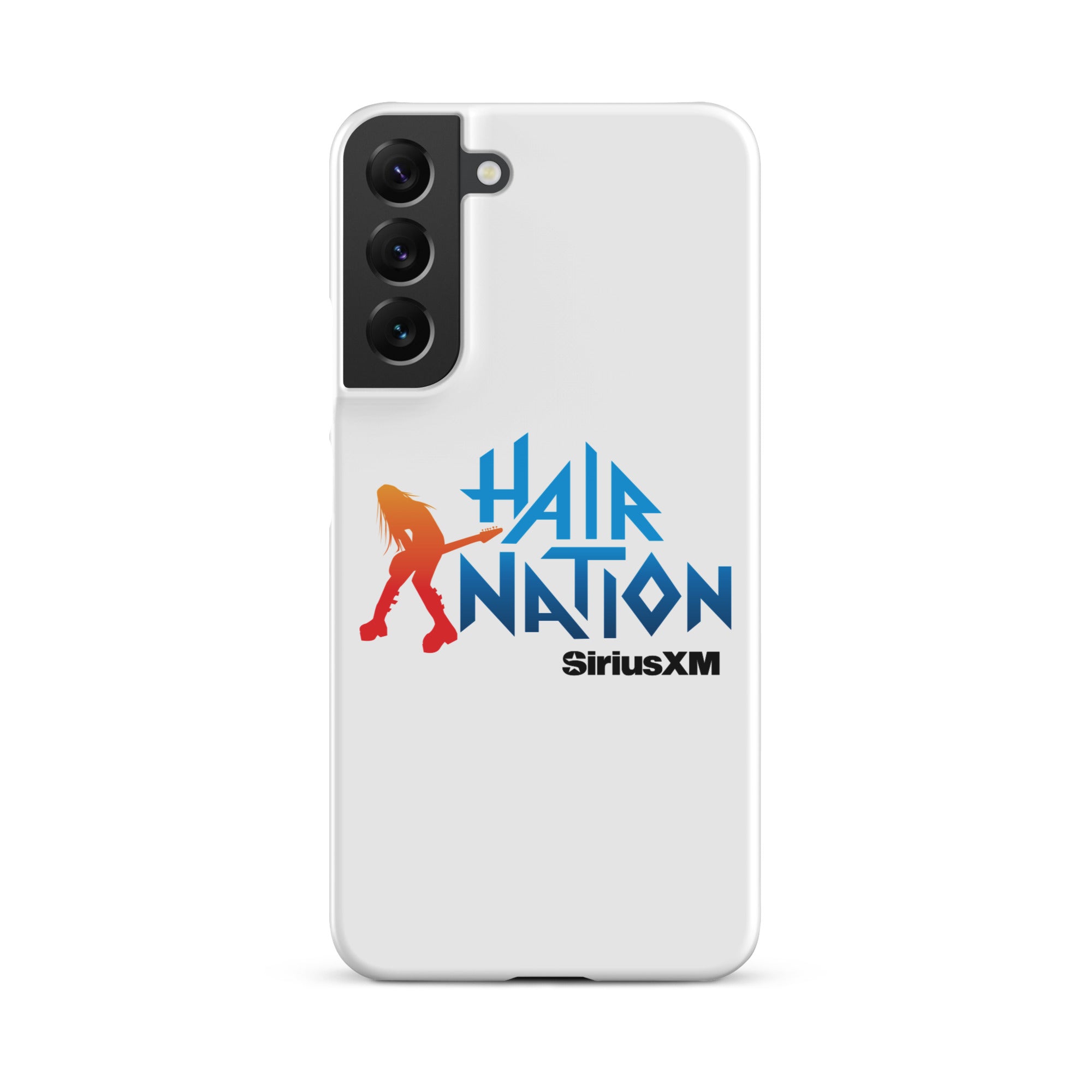 White phone case featuring the 'Hair Nation' logo in blue and orange with a colorful silhouette of a guitarist and black 'SiriusXM' branding.