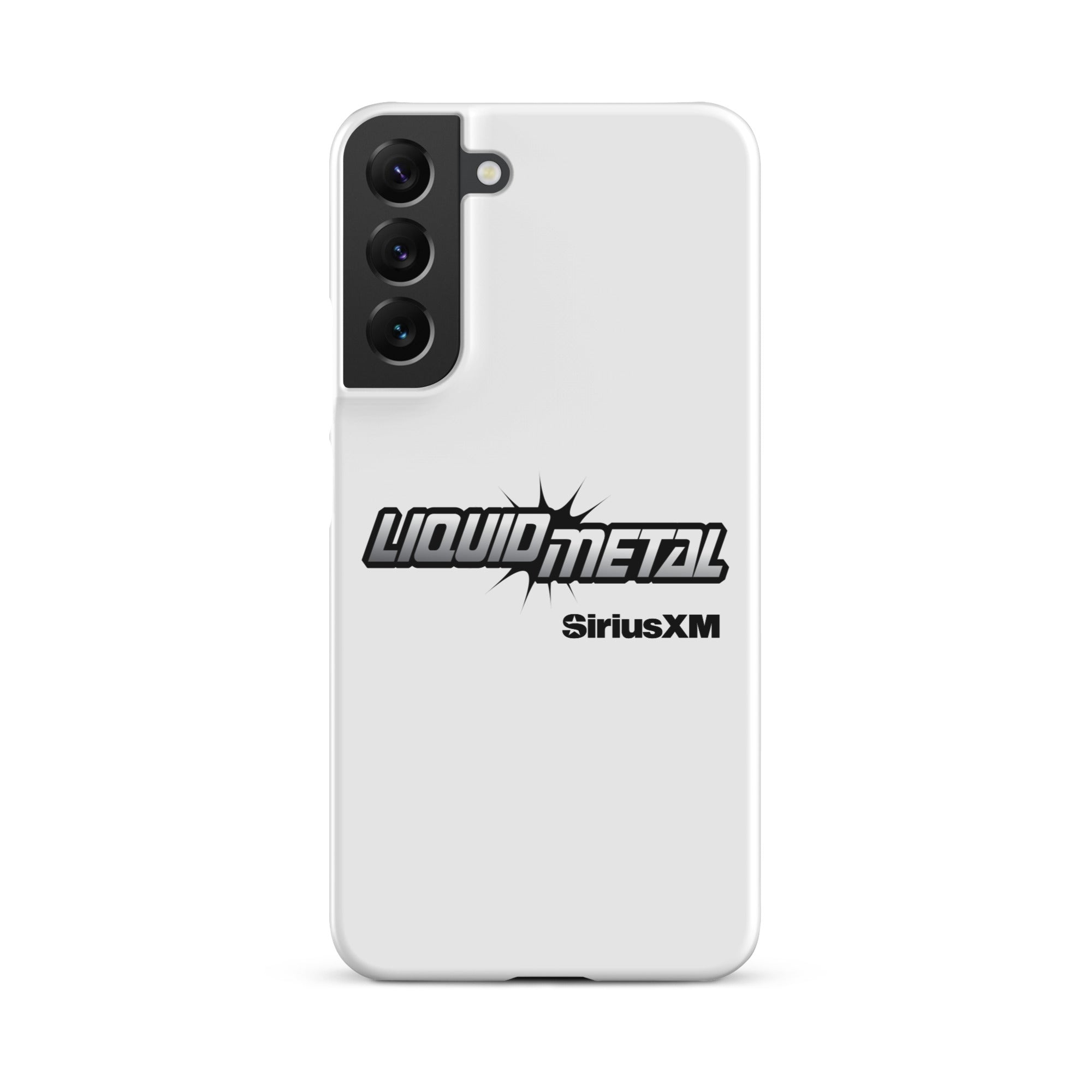 White phone case featuring 'LIQUID METAL' logo and 'SiriusXM' branding.