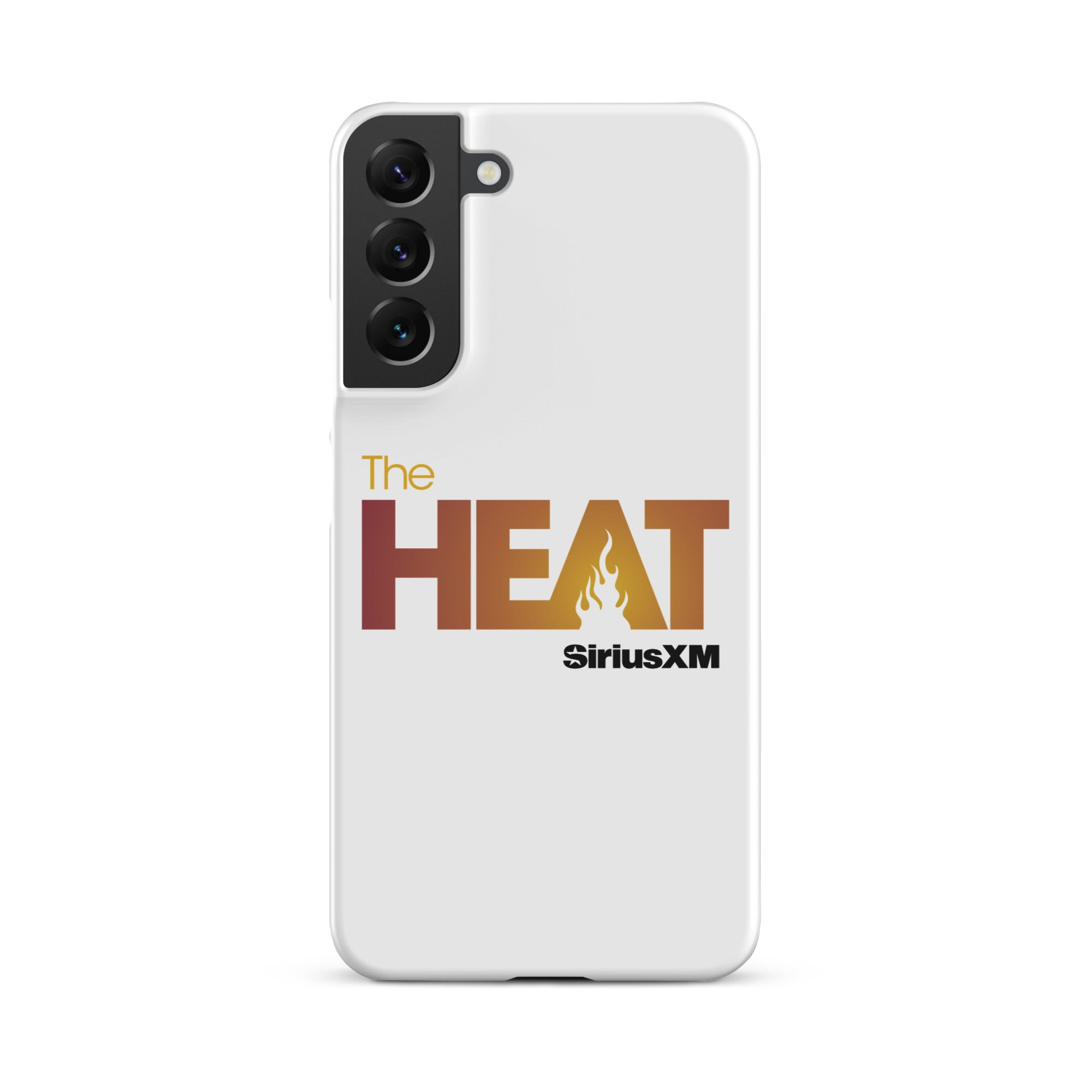 White phone case featuring 'The HEAT' logo with a flame design in orange and red hues and 'SiriusXM' branding.