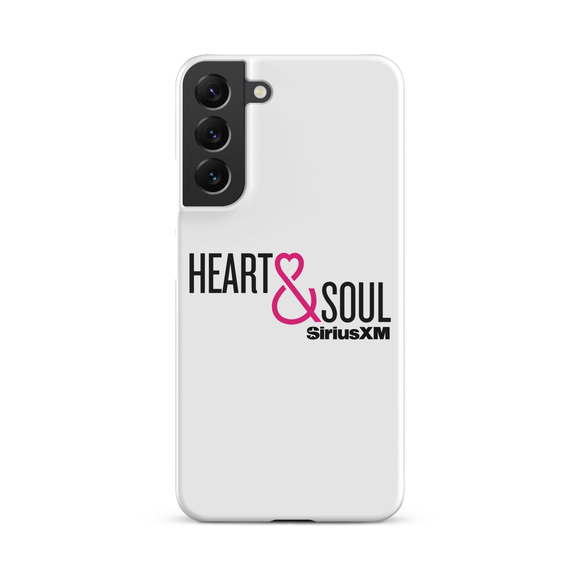 White phone case featuring 'HEART & SOUL' in black and pink text, with 'SiriusXM' logo.