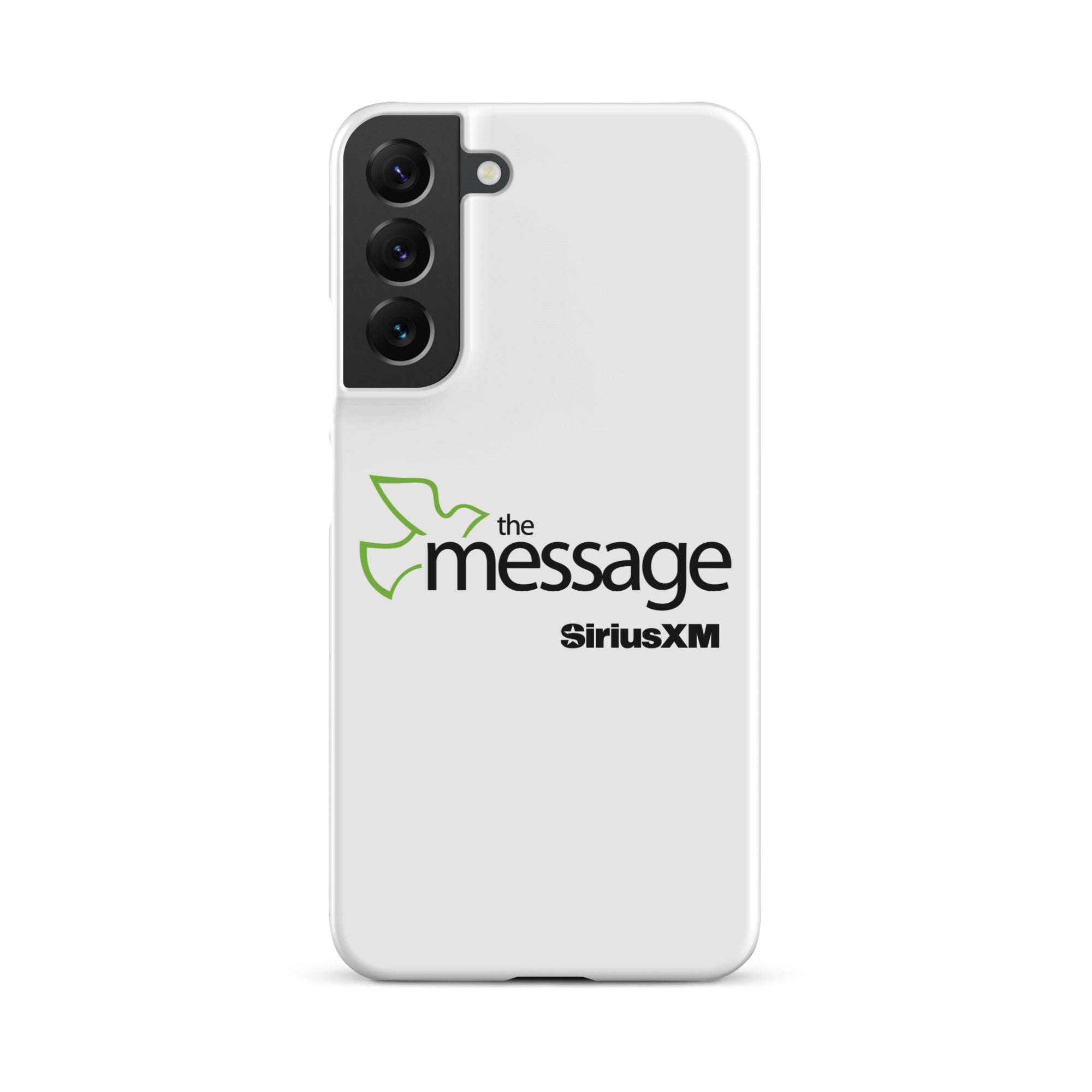 White phone case featuring 'the message' logo alongside 'SiriusXM' branding.