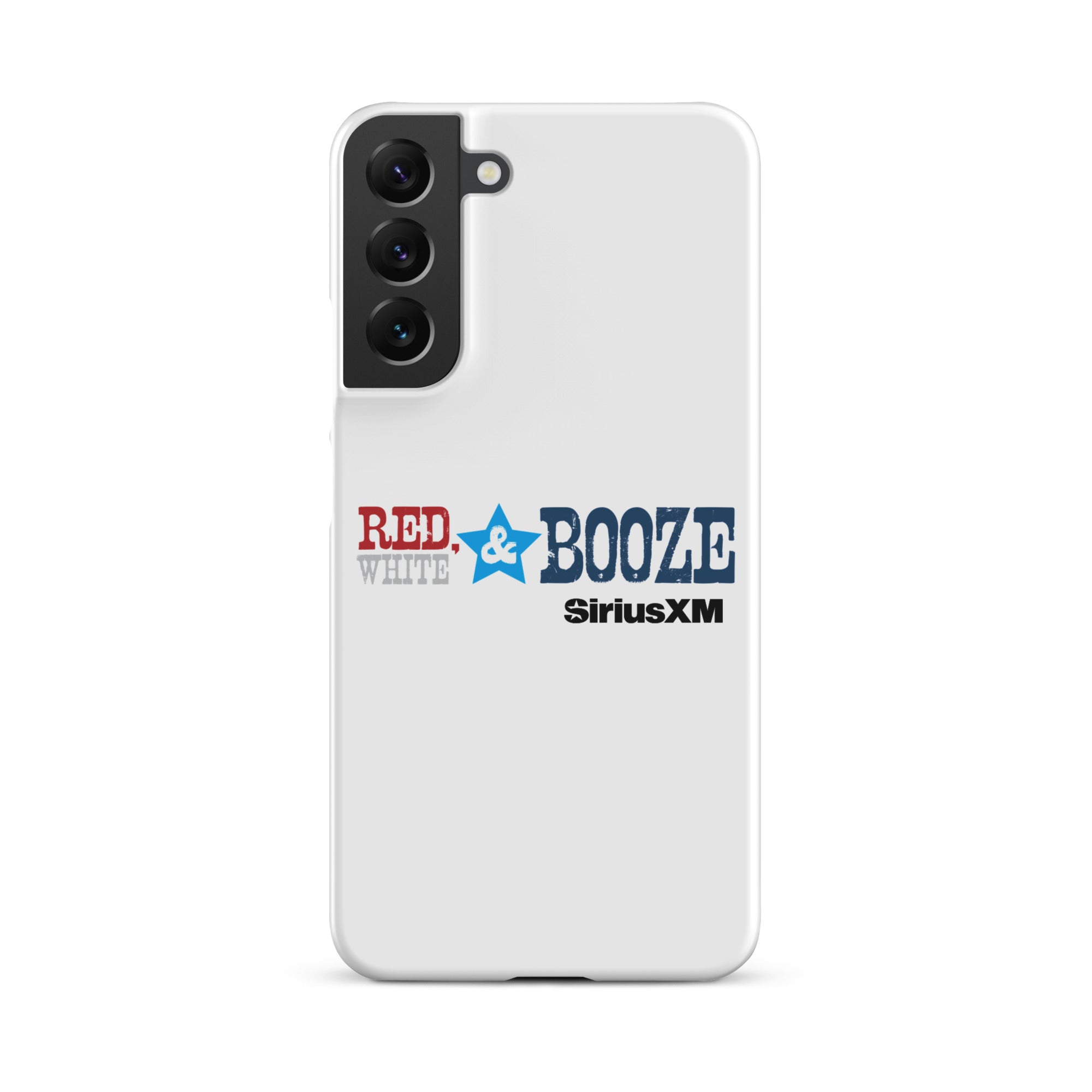 A white phone case featuring the logo 'RED, WHITE & BOOZE' along with 'SiriusXM' logo.