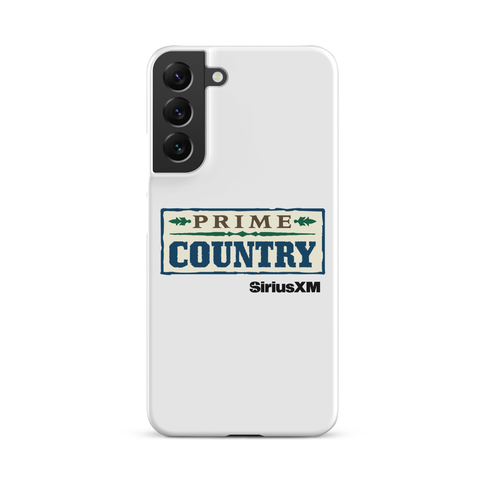 White phone case featuring the 'Prime Country' logo and 'SiriusXM' branding.