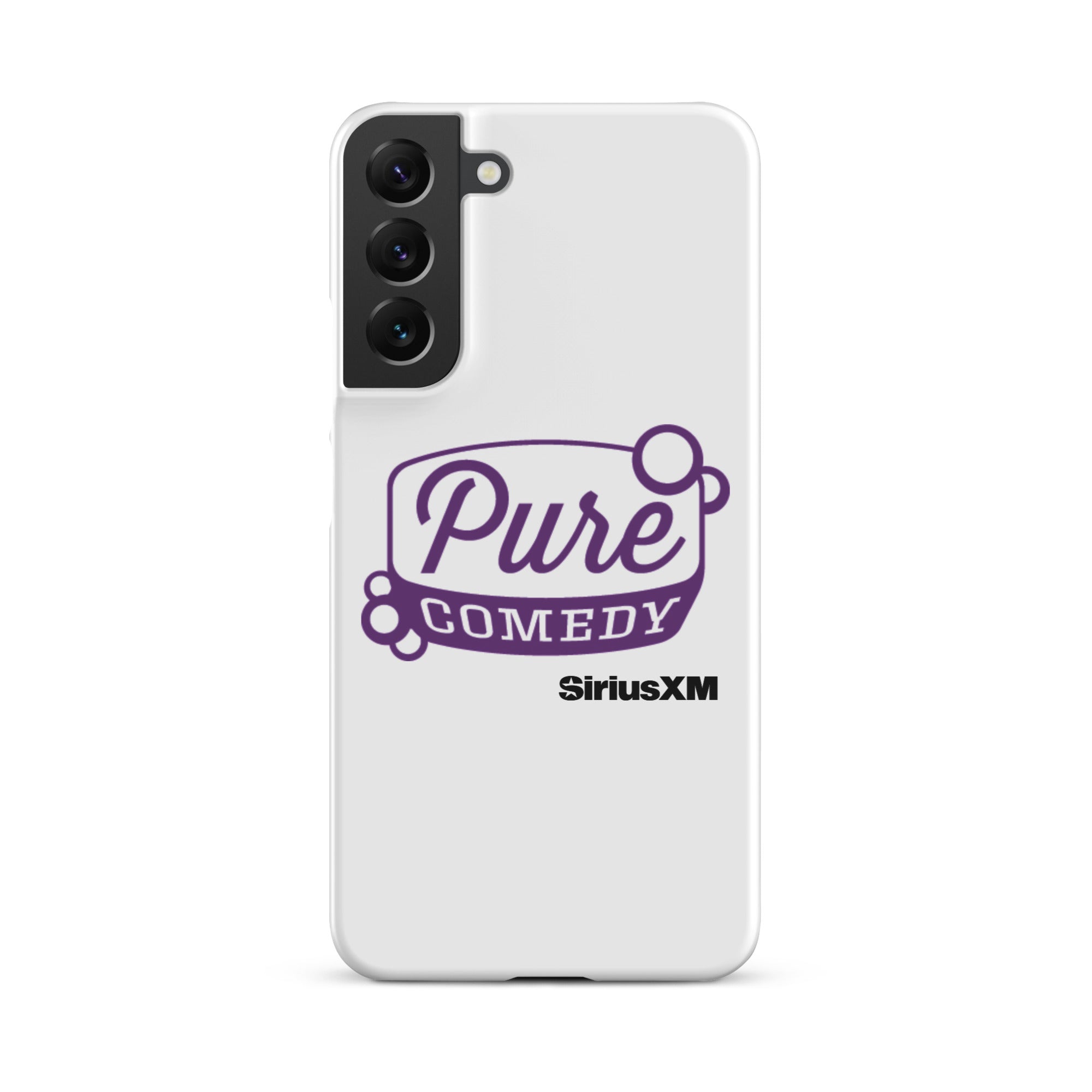 White phone case featuring 'Pure Comedy' in purple text and the 'SiriusXM' logo.