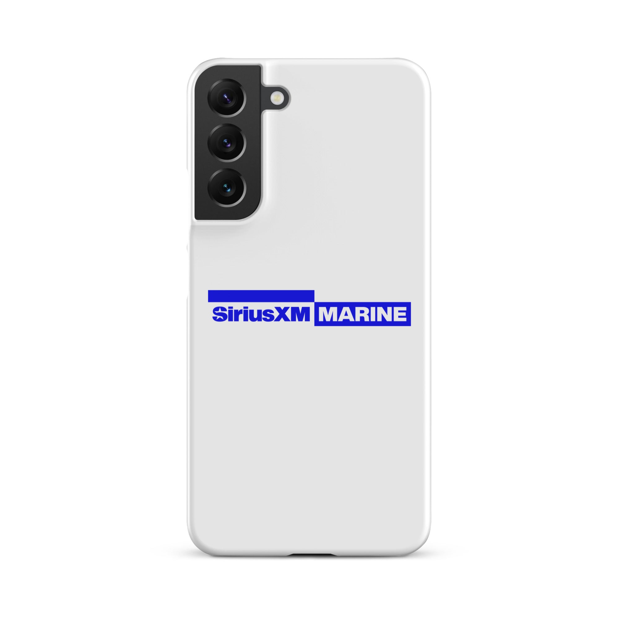 White phone case featuring the SiriusXM Marine logo in blue.