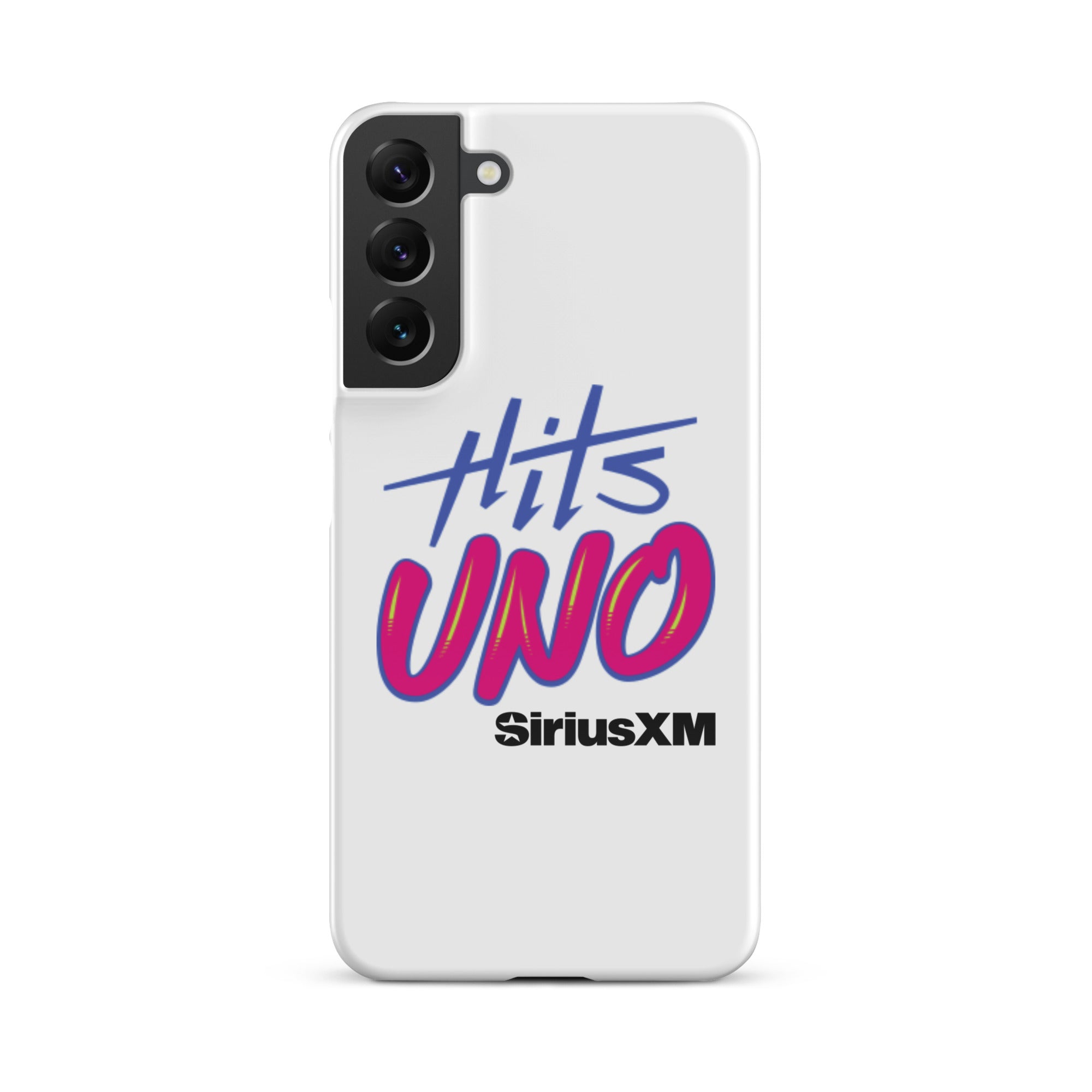 Phone case design featuring 'Hits UNO' and 'SiriusXM' in vibrant blue and pink colors on a white background.