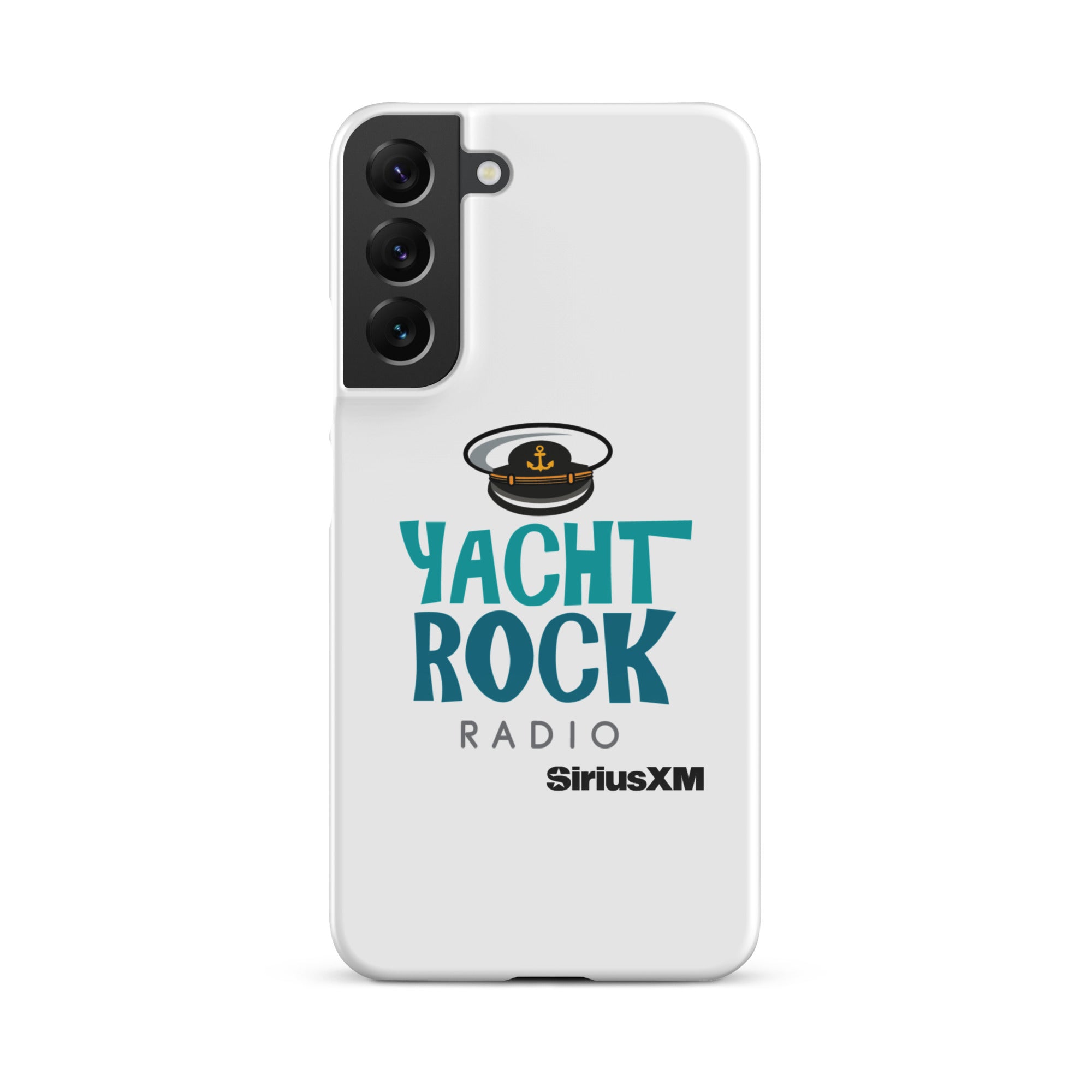 White phone case featuring 'Yacht Rock Radio' logo with a captain's hat and 'SiriusXM' branding.