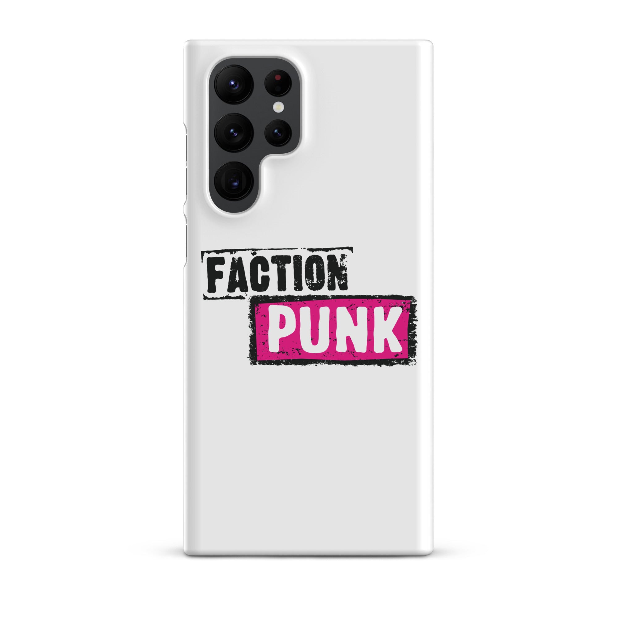 A white phone case with the words 'FACTION PUNK' in bold black and pink lettering.