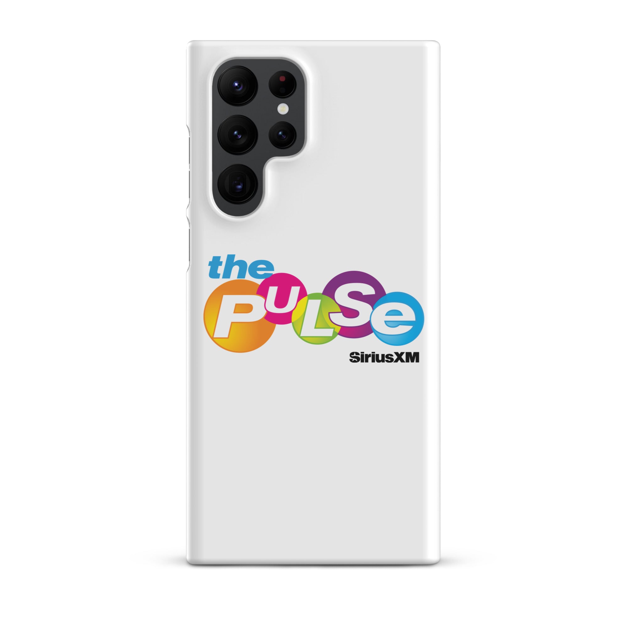 A white phone case featuring the colorful logo 'the PULSe SiriusXM.'