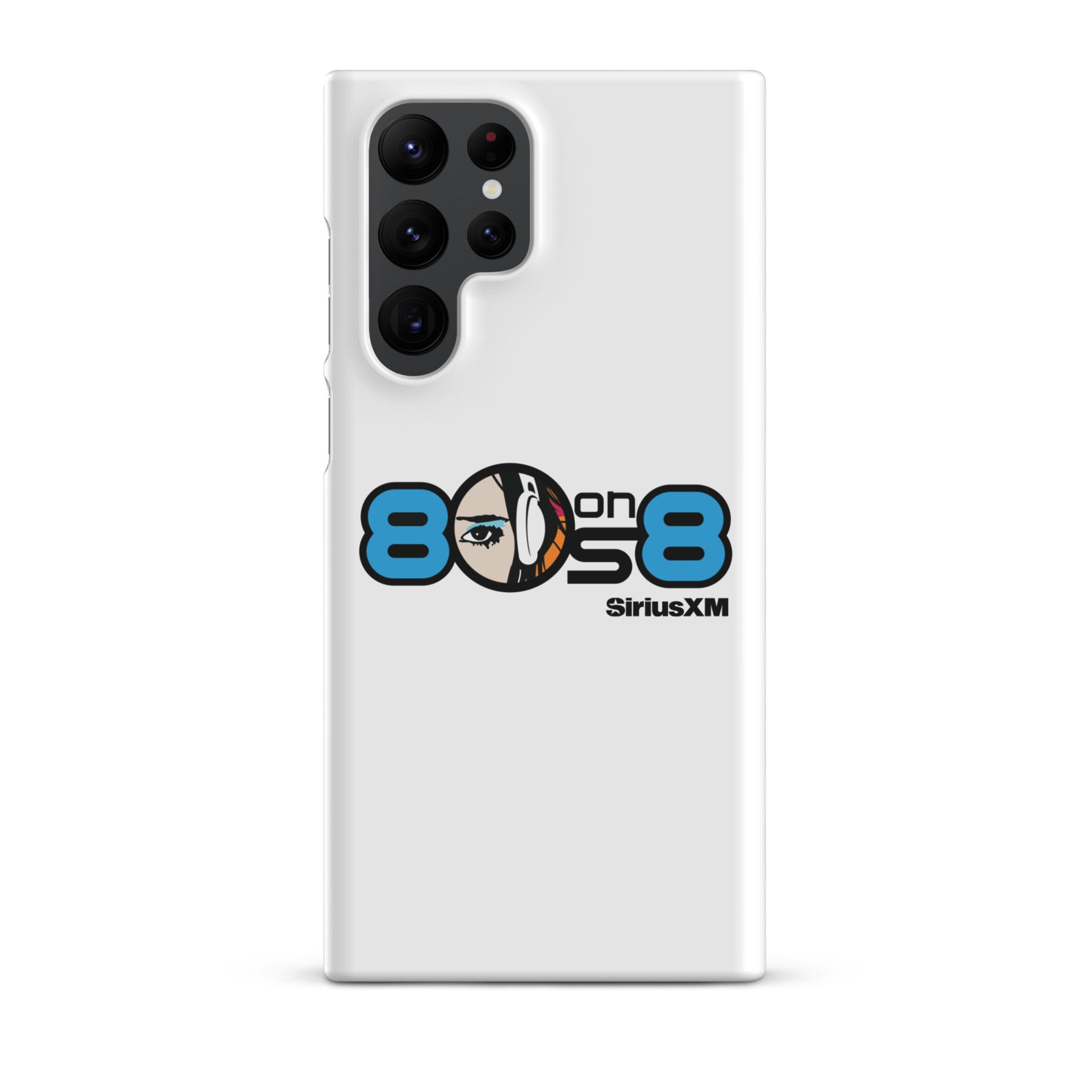 White phone case featuring the '80s on 8 SiriusXM' logo with a stylized face and headphones design.