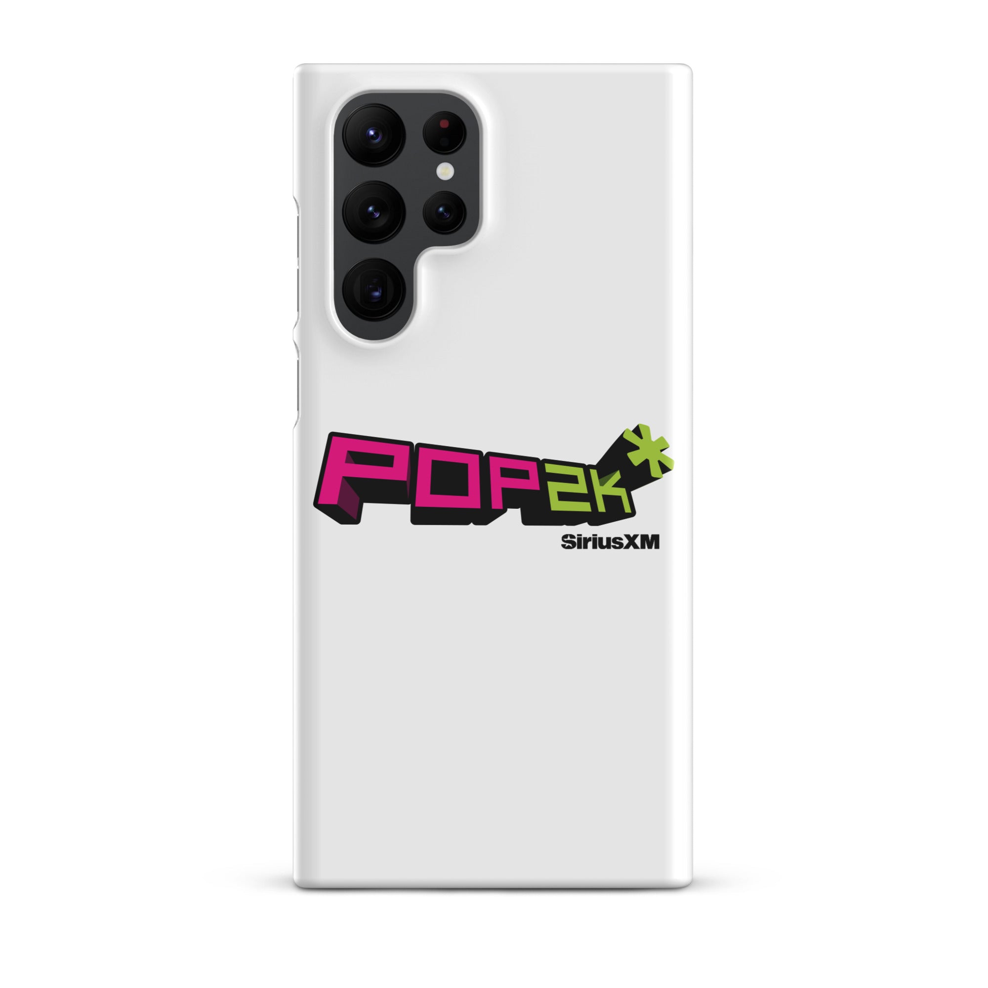 White phone case featuring the 'POP2K' logo with 'SiriusXM' branding in bold pink and green colors.