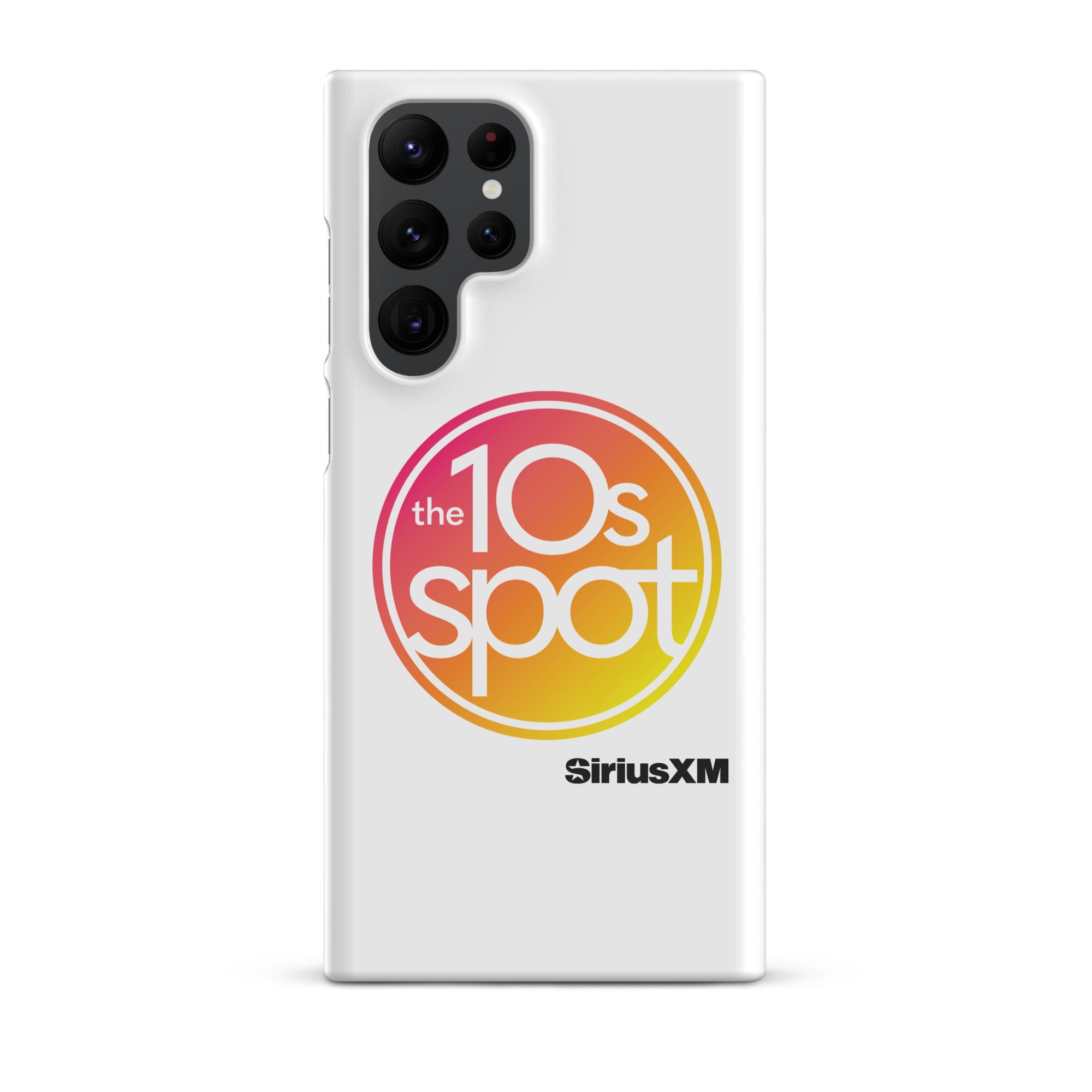 White phone case featuring 'the 10s spot' logo in a pink and yellow gradient and 'SiriusXM' branding.