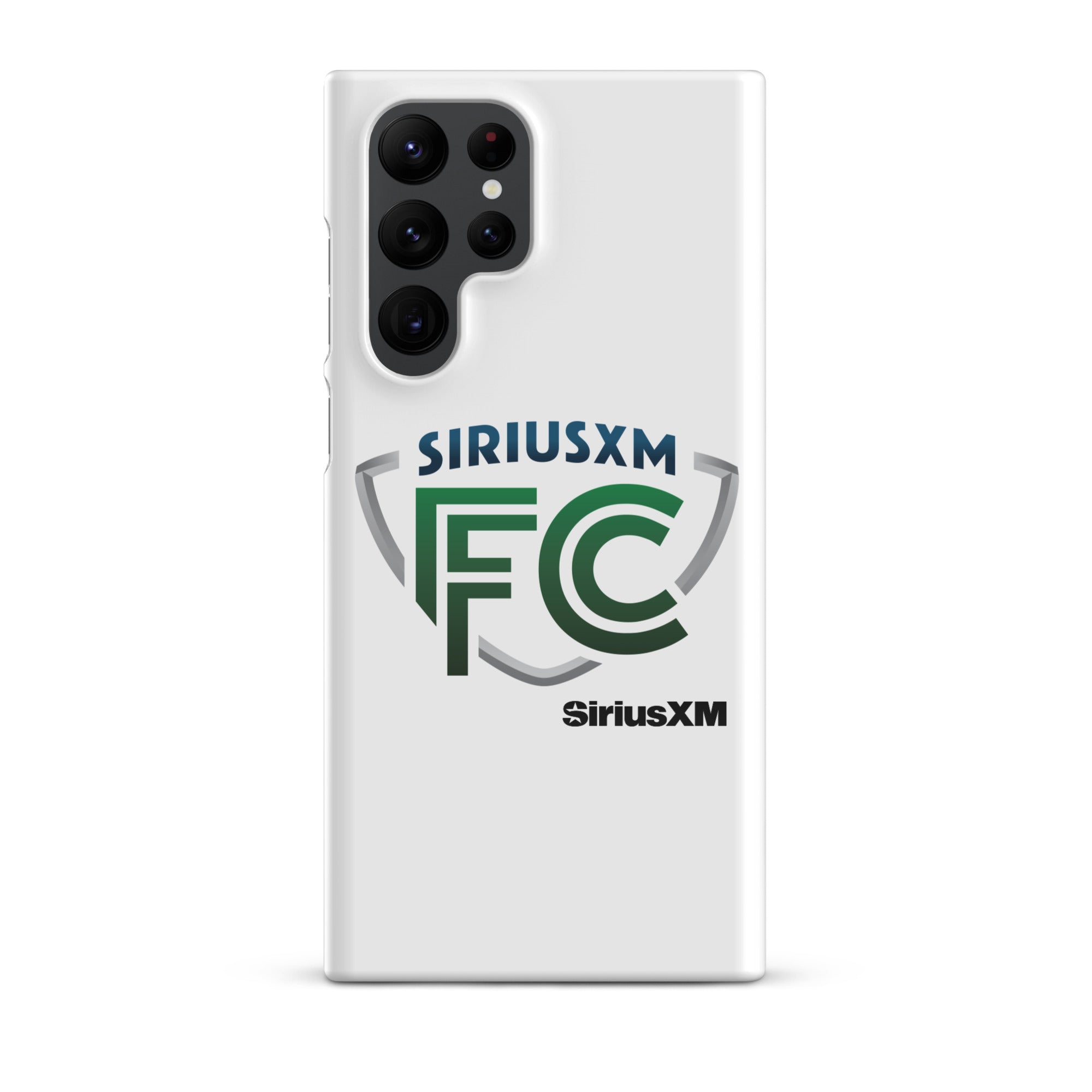 White phone case featuring 'SiriusXM FC' logo in green and blue.