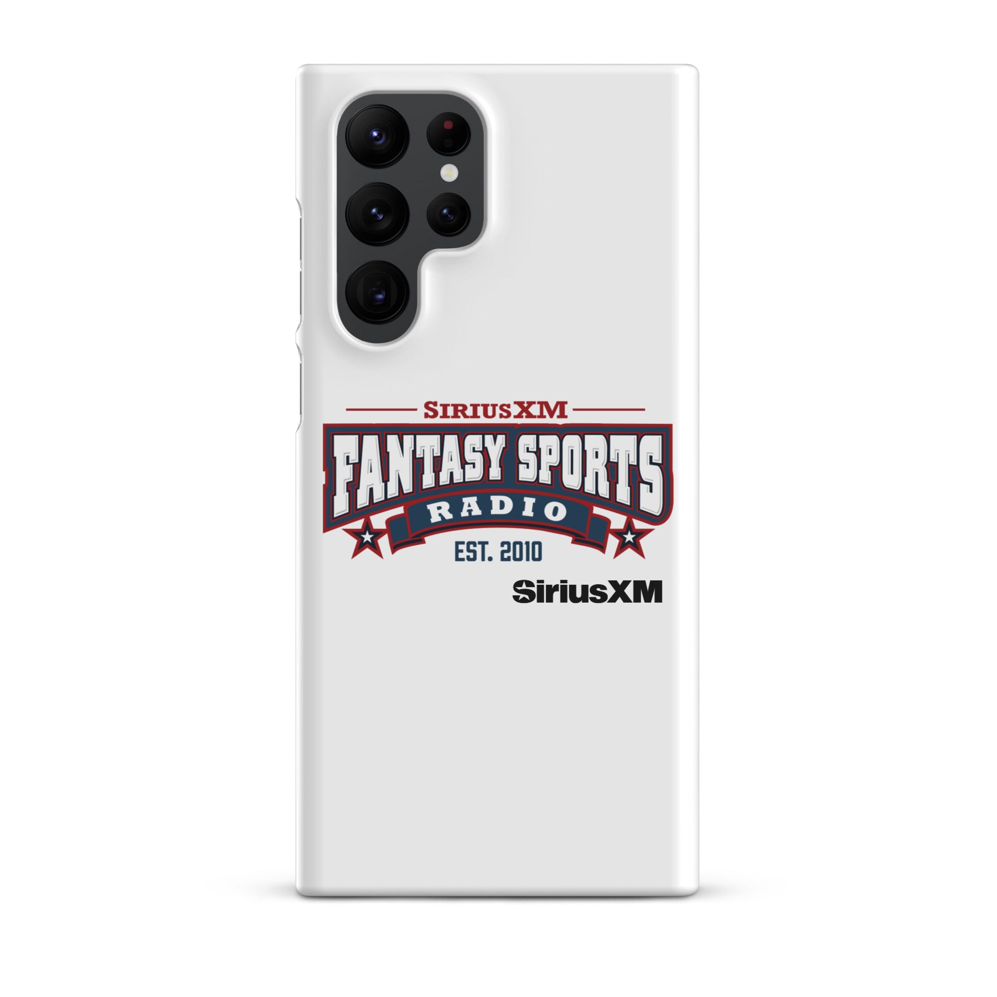 White phone case with 'SiriusXM Fantasy Sports Radio established 2010' logo, featuring red and blue design elements.