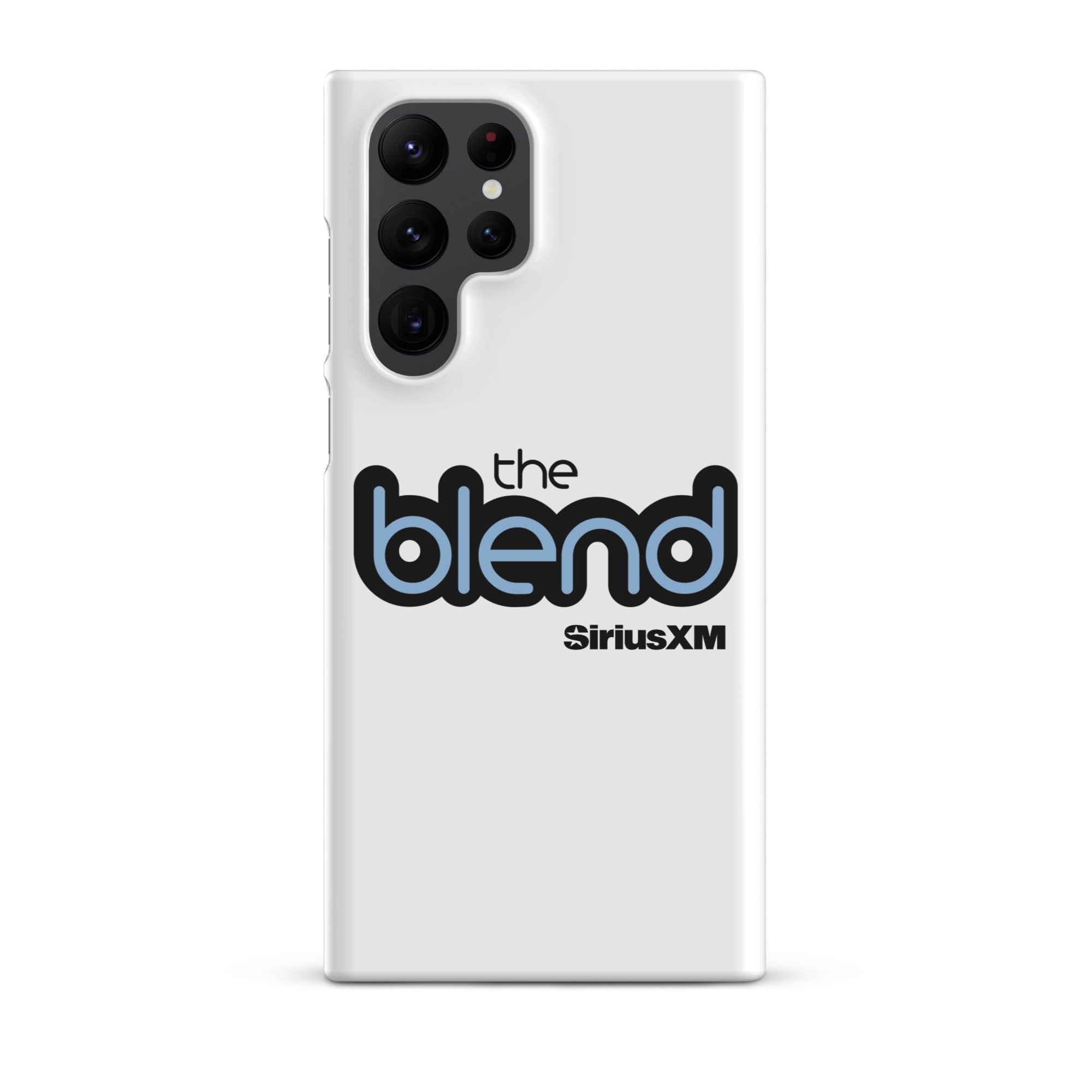 White phone case featuring the logo 'the blend' and 'SiriusXM' in blue and black text.