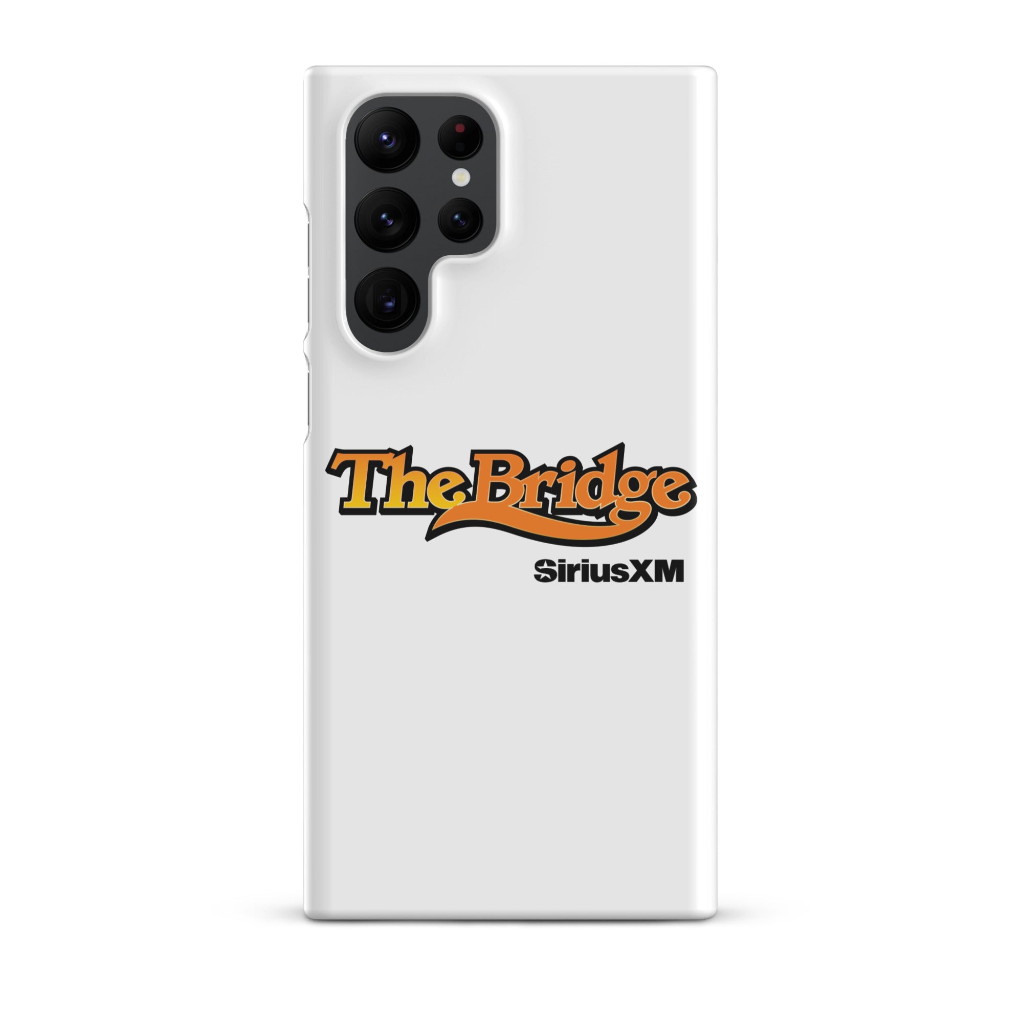 A white phone case featuring the logo 'The Bridge' in an orange gradient and black outline, and  'SiriusXM' in black.