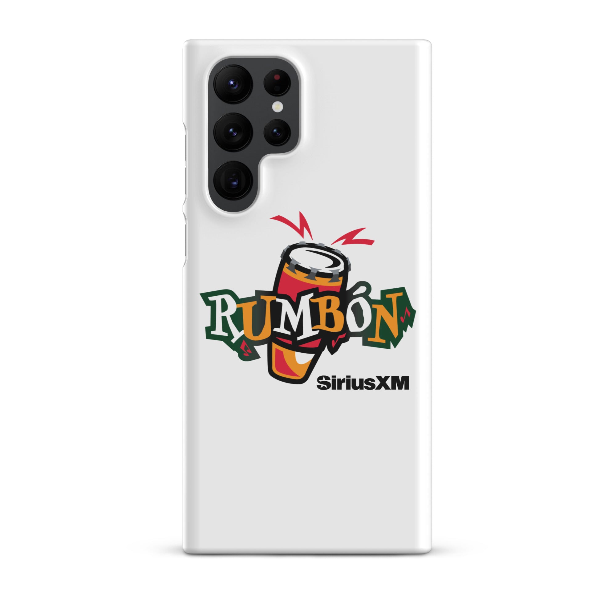 White phone case featuring a colorful 'Rumbón' logo with a conga drum and 'SiriusXM' branding.