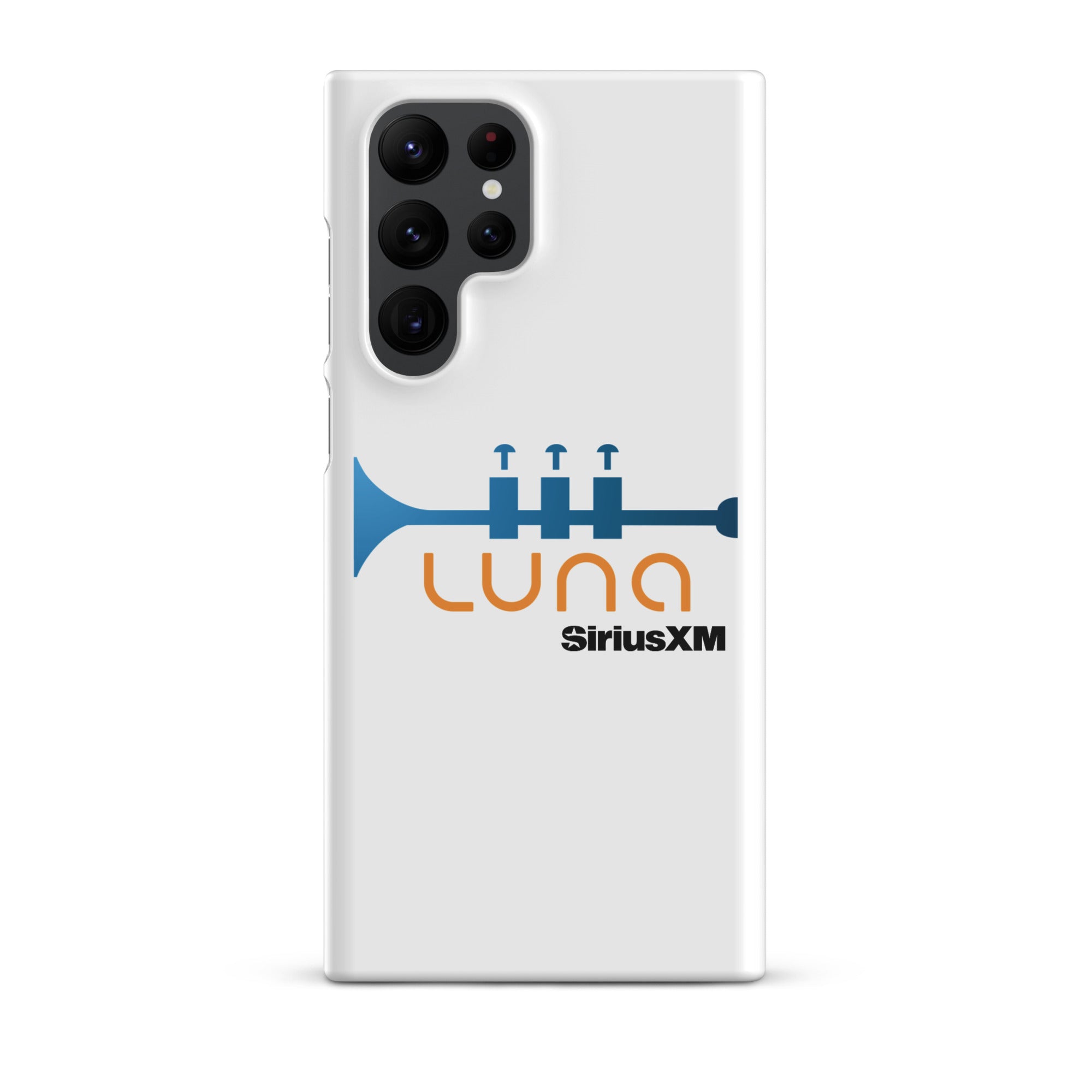 White phone case featuring a blue trumpet graphic and the logo 'LUNA SiriusXM' in orange and black.