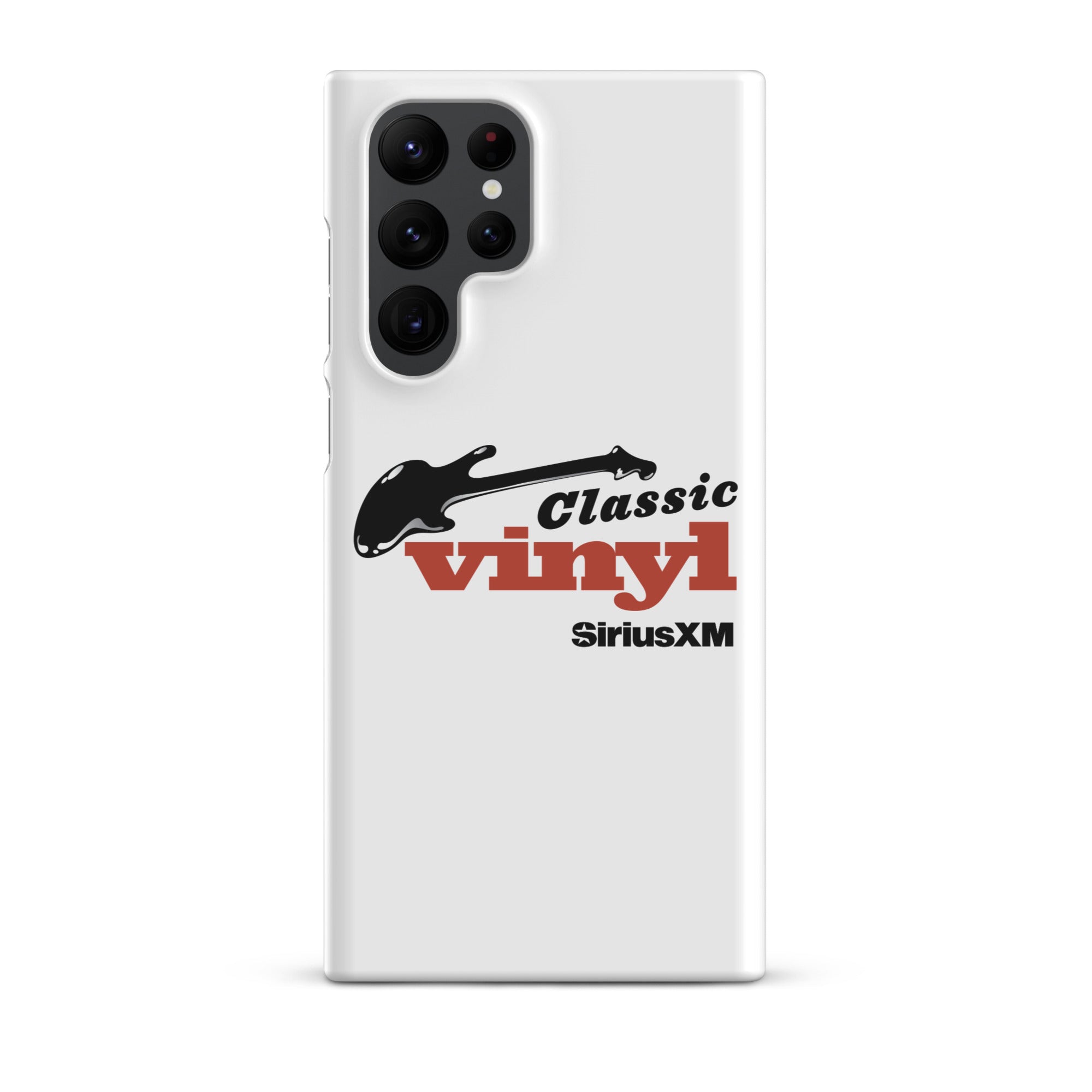 White phone case featuring 'Classic Vinyl' logo in red and black, and a black guitar graphic, with 'SiriusXM' logo.