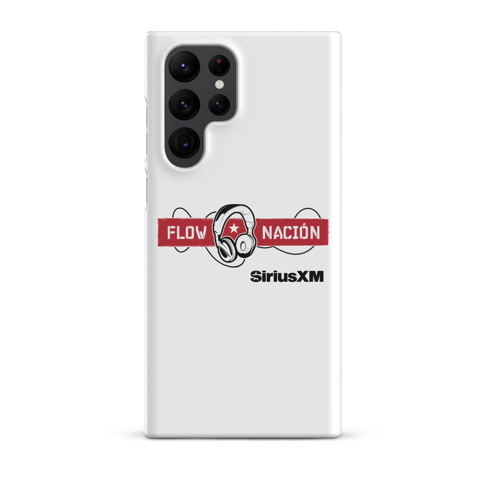 A white phone case featuring the 'FLOW NACIÓN' logo with headphones and the 'SiriusXM' branding.