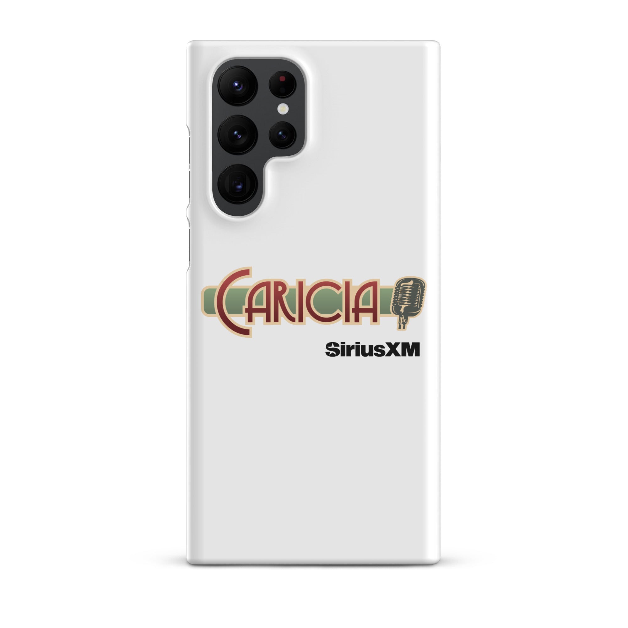 White phone case featuring the text 'CARICIA' and 'SiriusXM' with a microphone graphic.