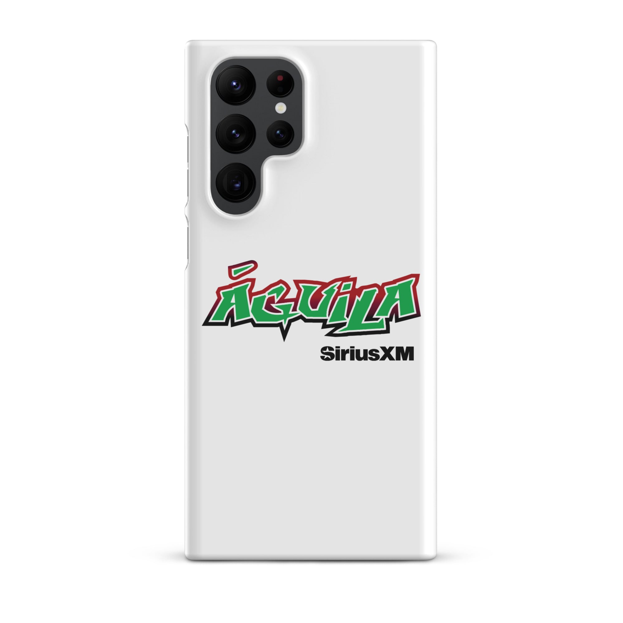 White smartphone case featuring 'Águila' in green and red text with 'SiriusXM' below.