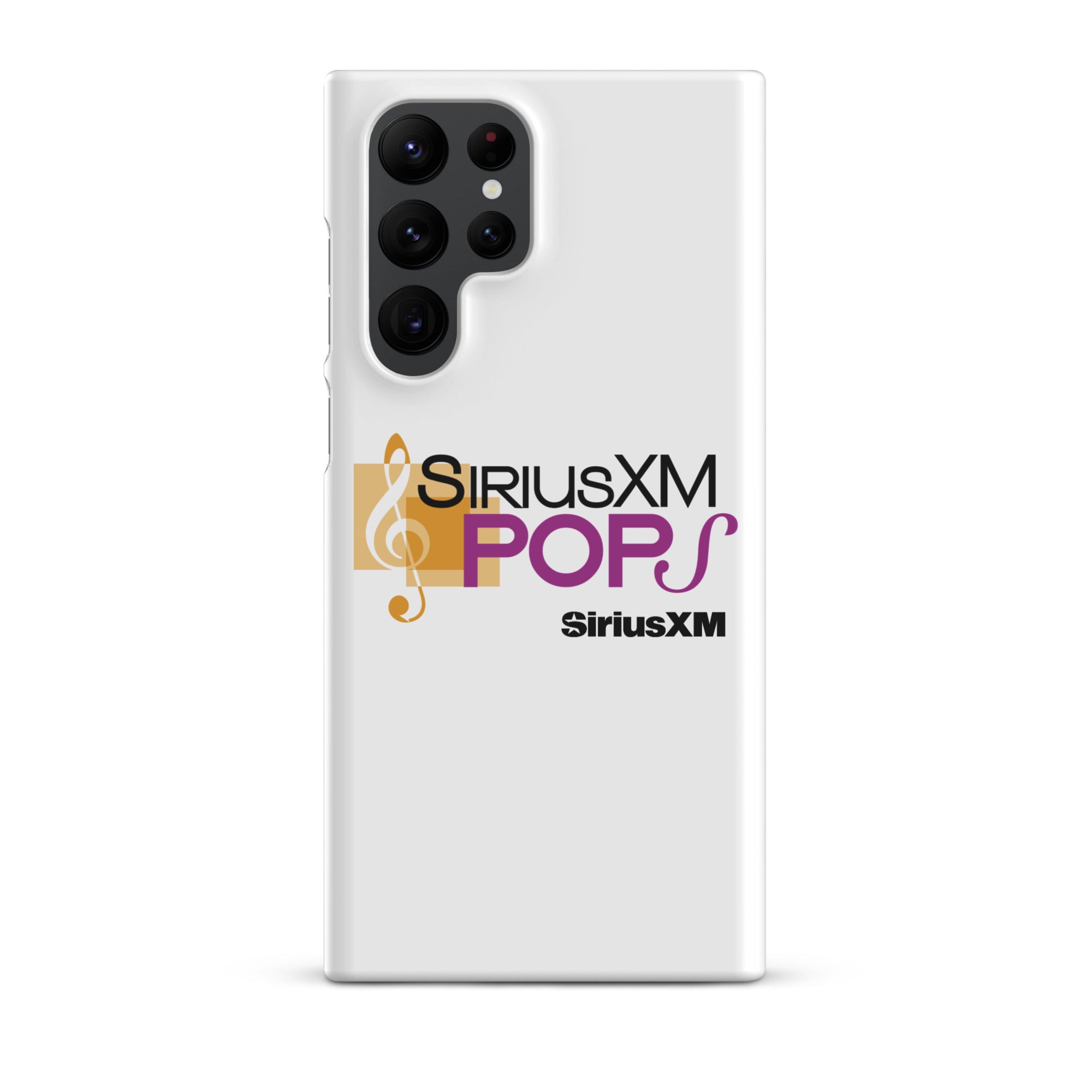 White phone case with 'SiriusXM Pops' logo featuring musical notes and 'SiriusXM' branding.