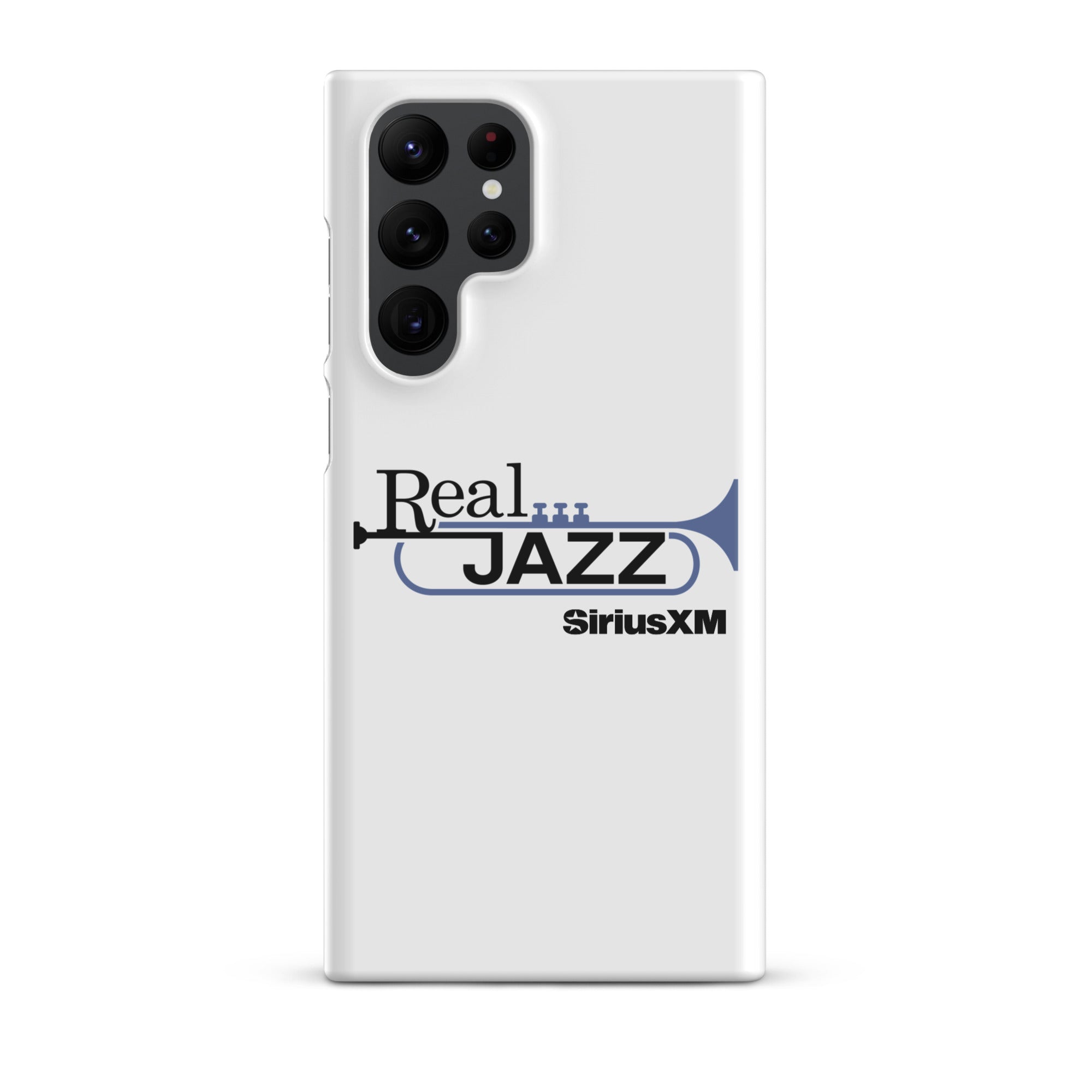 White phone case featuring 'Real Jazz' logo with trumpet and 'SiriusXM' text.