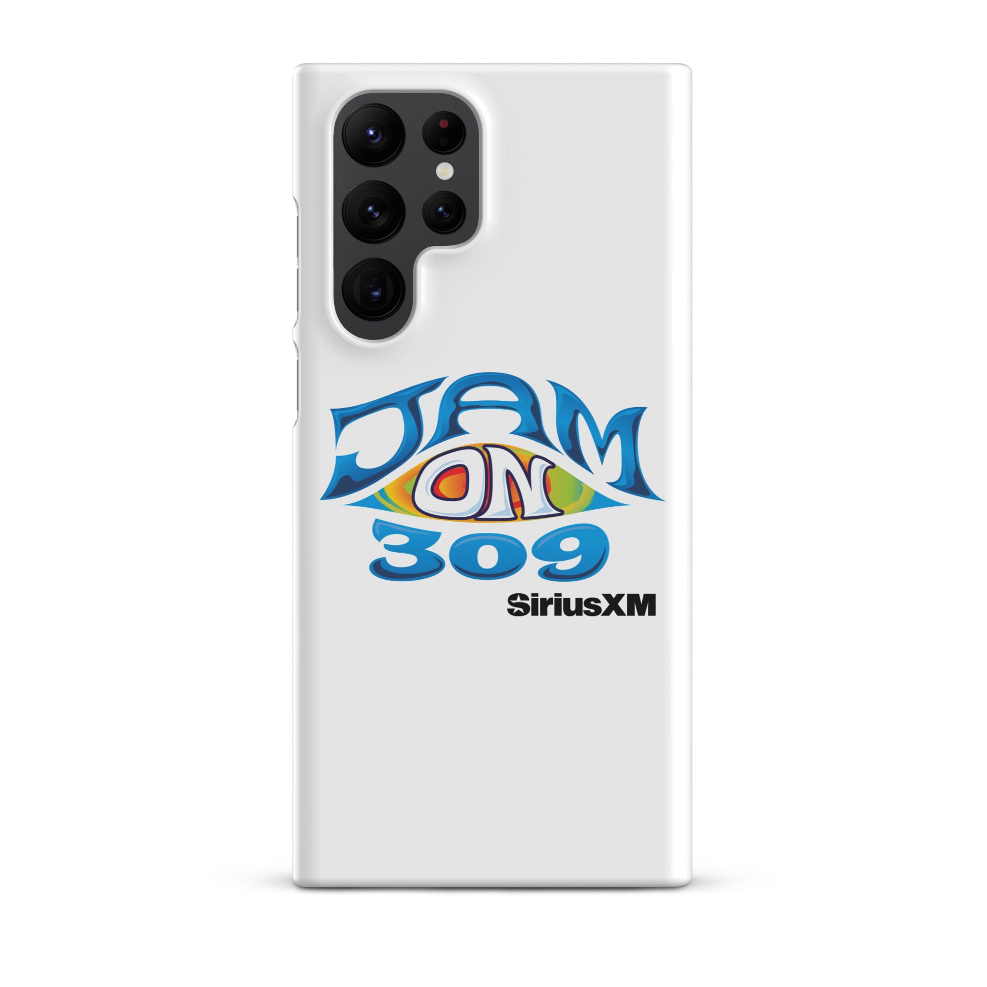 White phone case featuring 'JAM ON 309' logo and 'SiriusXM' text in blue and colorful design.