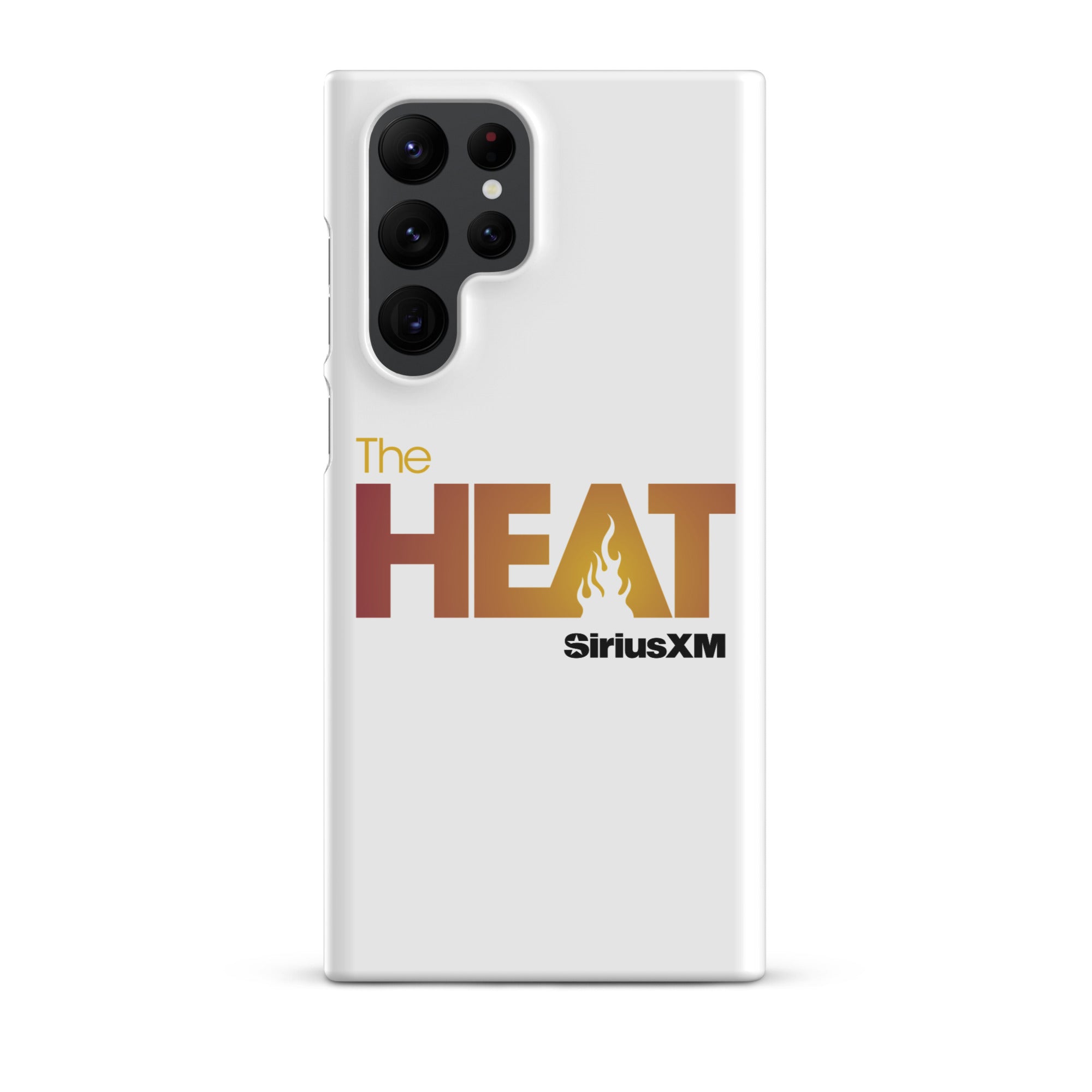 White phone case featuring 'The HEAT' logo with a flame design in orange and red hues and 'SiriusXM' branding.