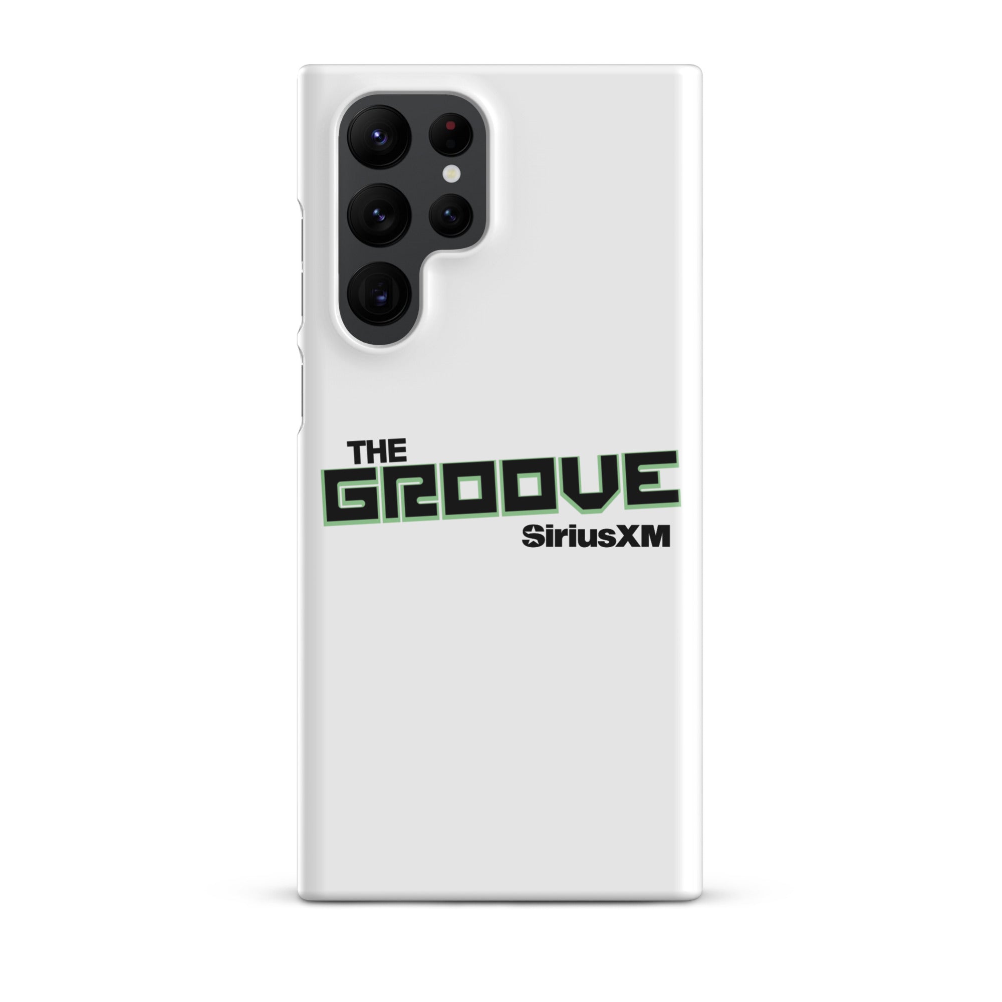 White phone case with 'THE GROOVE' and 'SiriusXM' logo in green and black text.