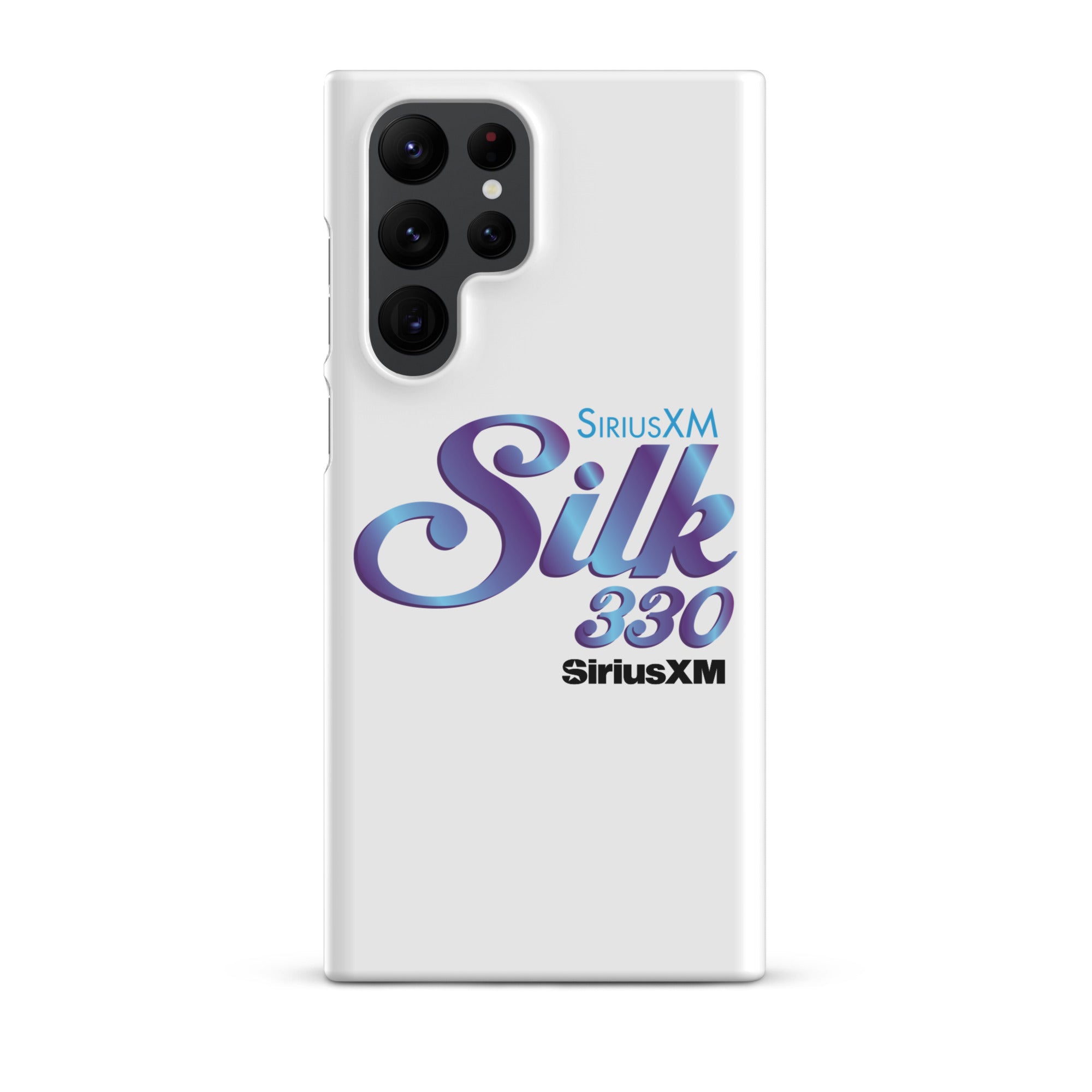 White phone case featuring 'SiriusXM Silk 330' logo in purple and 'SiriusXM' branding in black text.