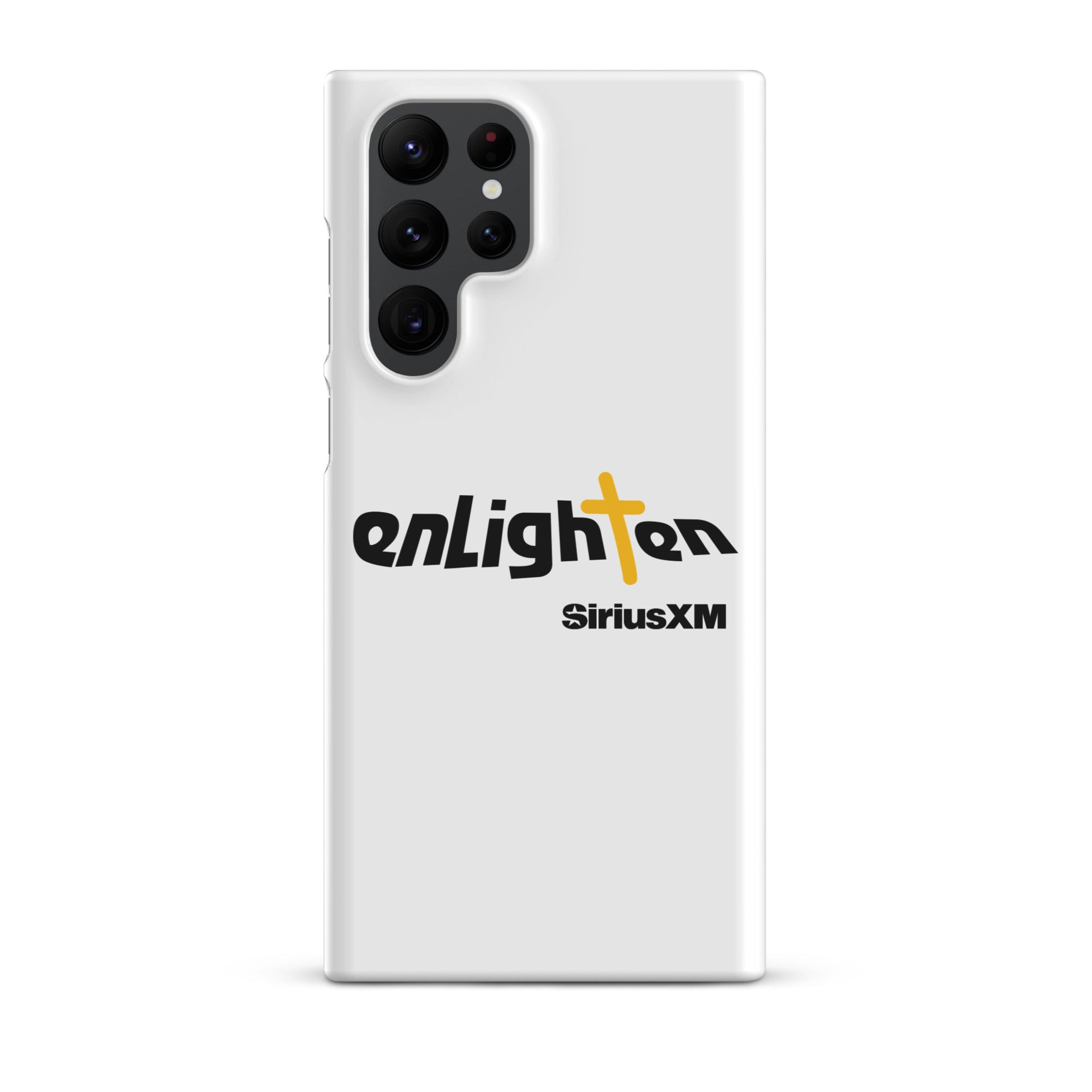 White smartphone case featuring 'enLighten' with black text and a yellow cross and 'SiriusXM' text.