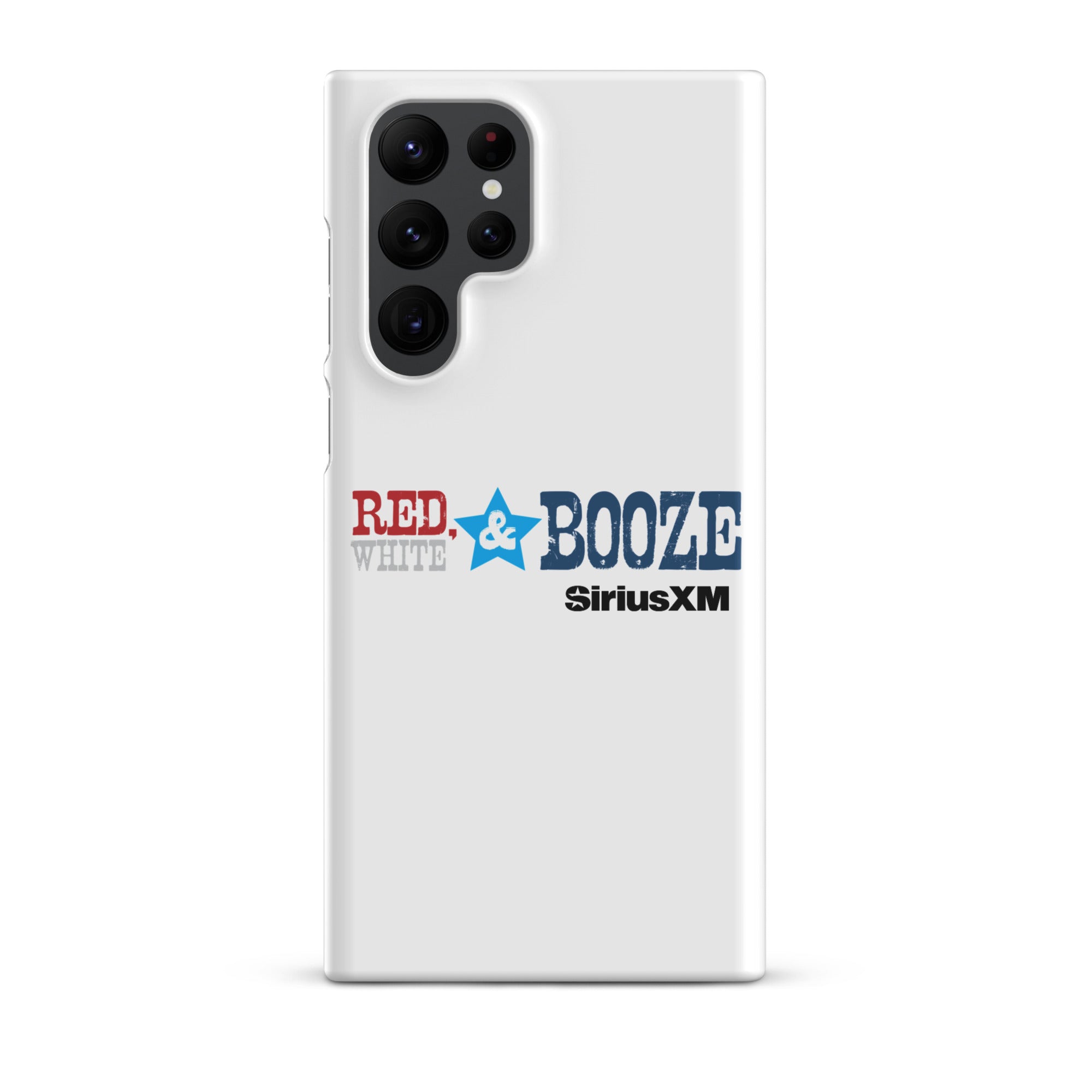 A white phone case featuring the logo 'RED, WHITE & BOOZE' along with 'SiriusXM' logo.