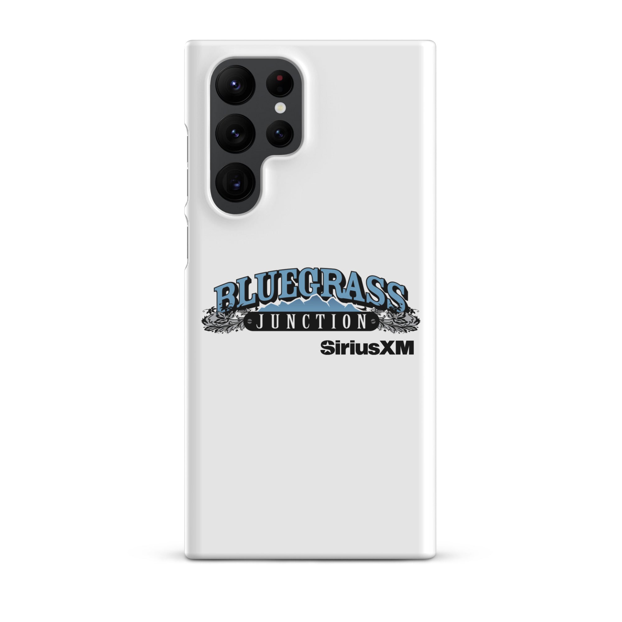 White phone case featuring 'Bluegrass Junction' and 'SiriusXM' logos.