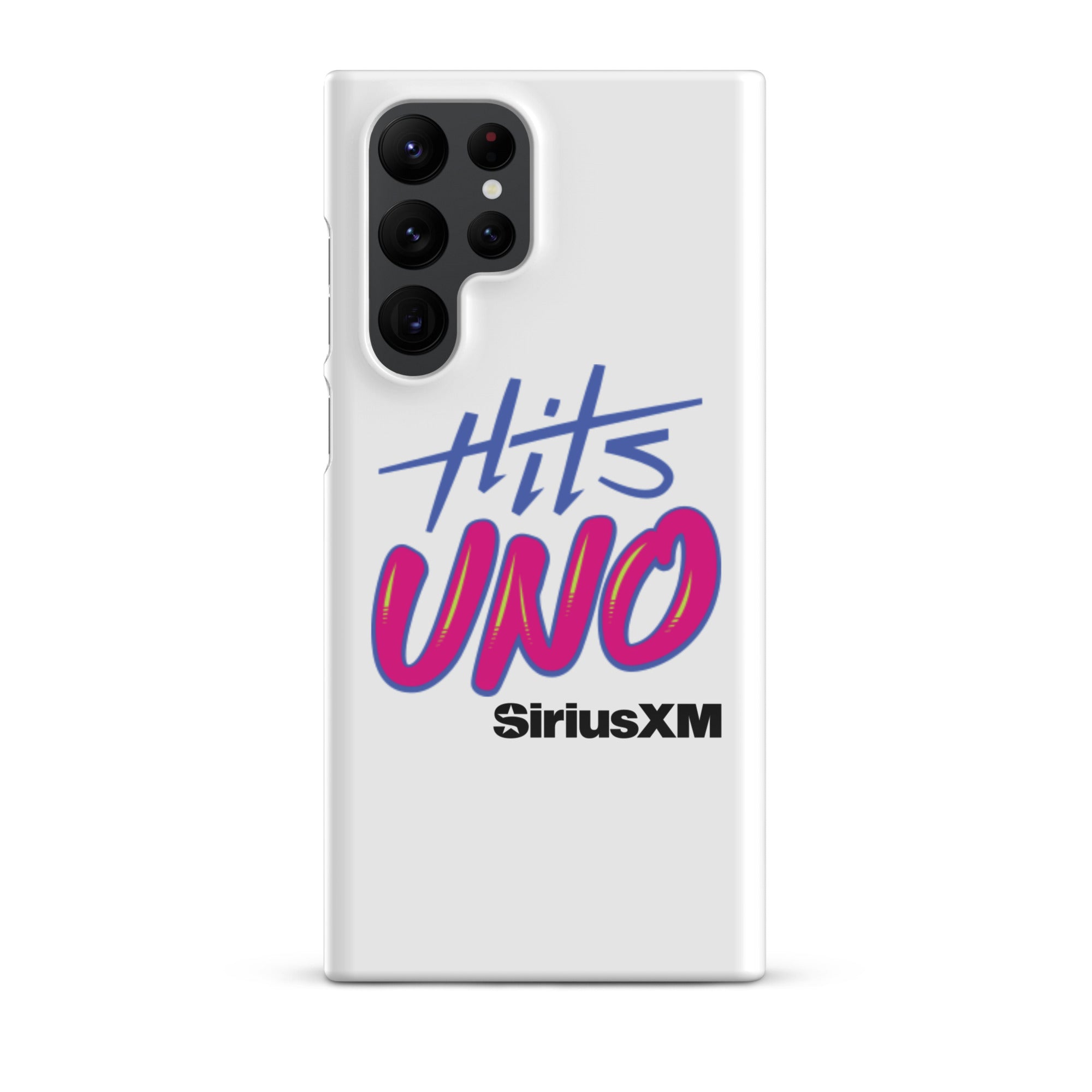 Phone case design featuring 'Hits UNO' and 'SiriusXM' in vibrant blue and pink colors on a white background.