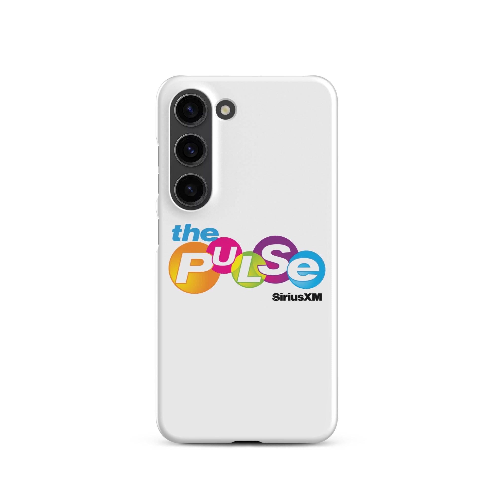 A white phone case featuring the colorful logo 'the PULSe SiriusXM.'