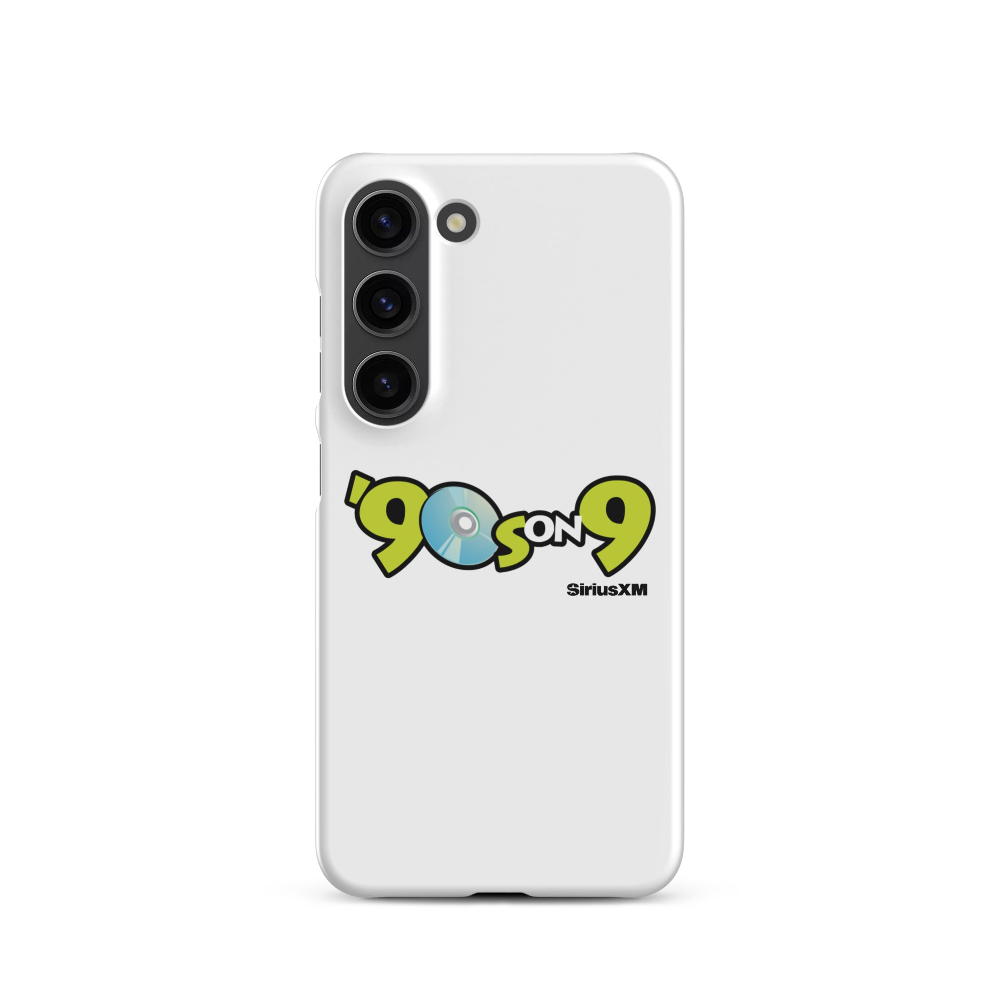 White phone case featuring the '90s on 9 SiriusXM' logo with a blue disc icon.