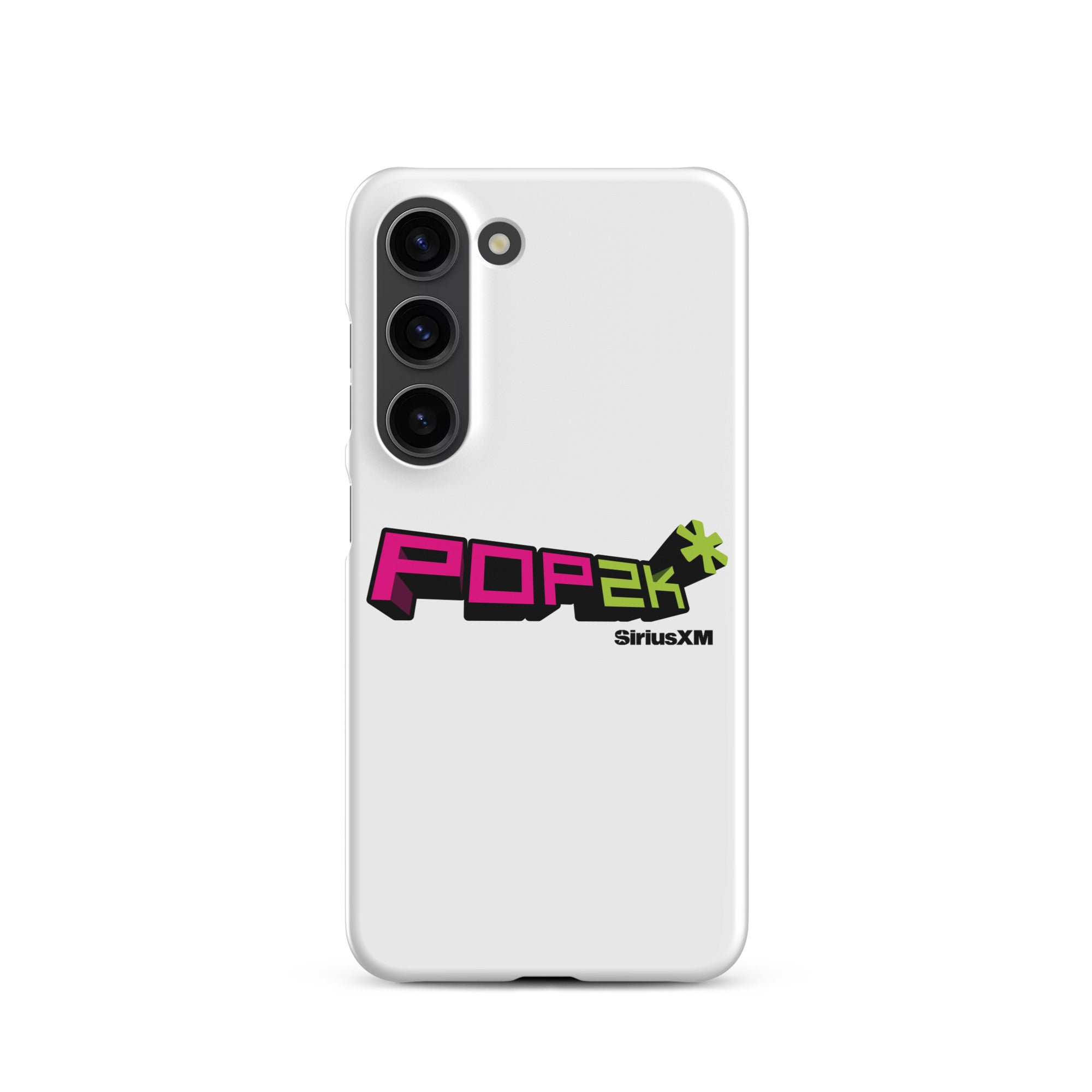 White phone case featuring the 'POP2K' logo with 'SiriusXM' branding in bold pink and green colors.