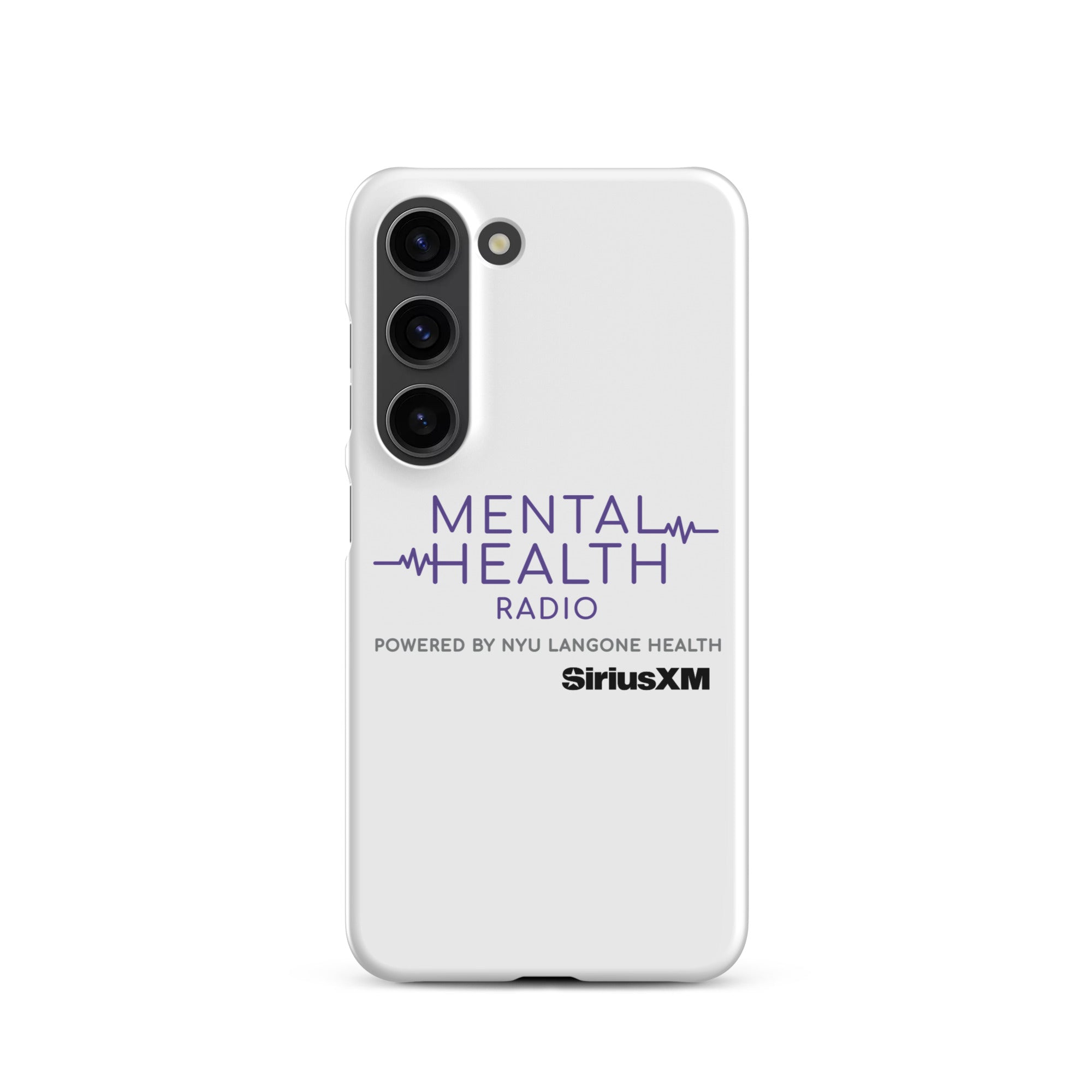 White phone case featuring 'MENTAL HEALTH RADIO powered by NYU Langone Health' logo and 'SiriusXM' branding.