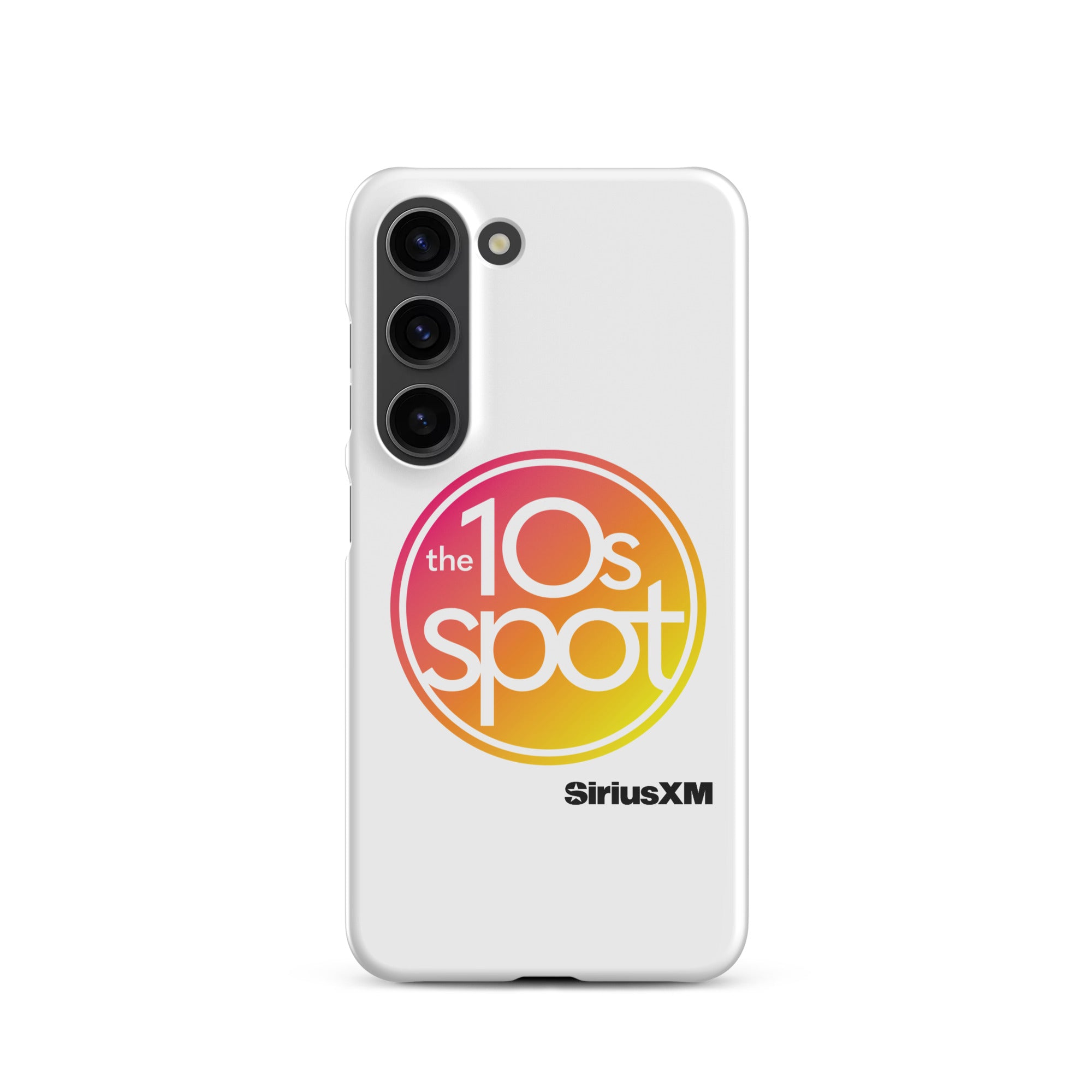 White phone case featuring 'the 10s spot' logo in a pink and yellow gradient and 'SiriusXM' branding.