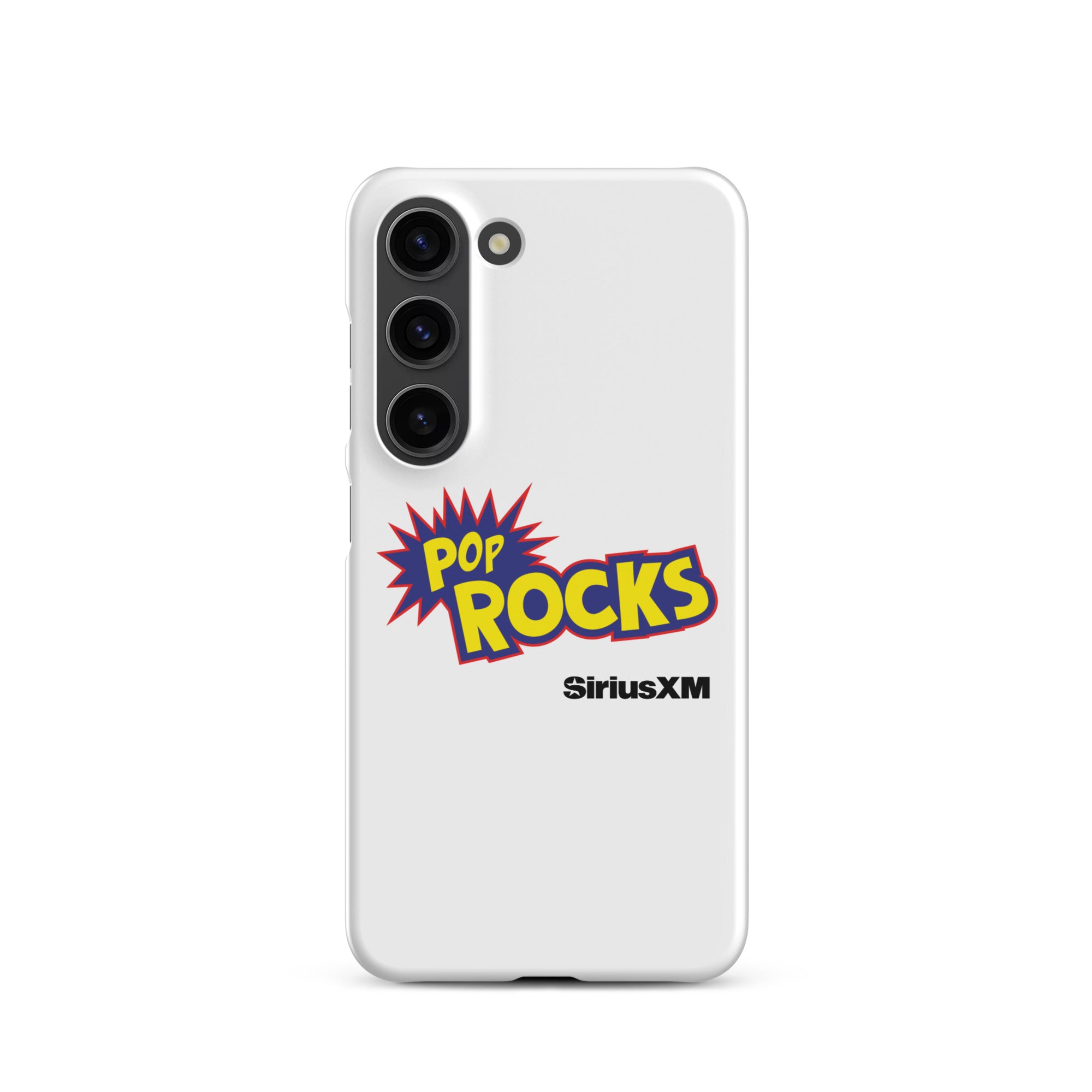 A white phone case featuring 'Pop Rocks' explosion graphic design  'SiriusXM' logo.