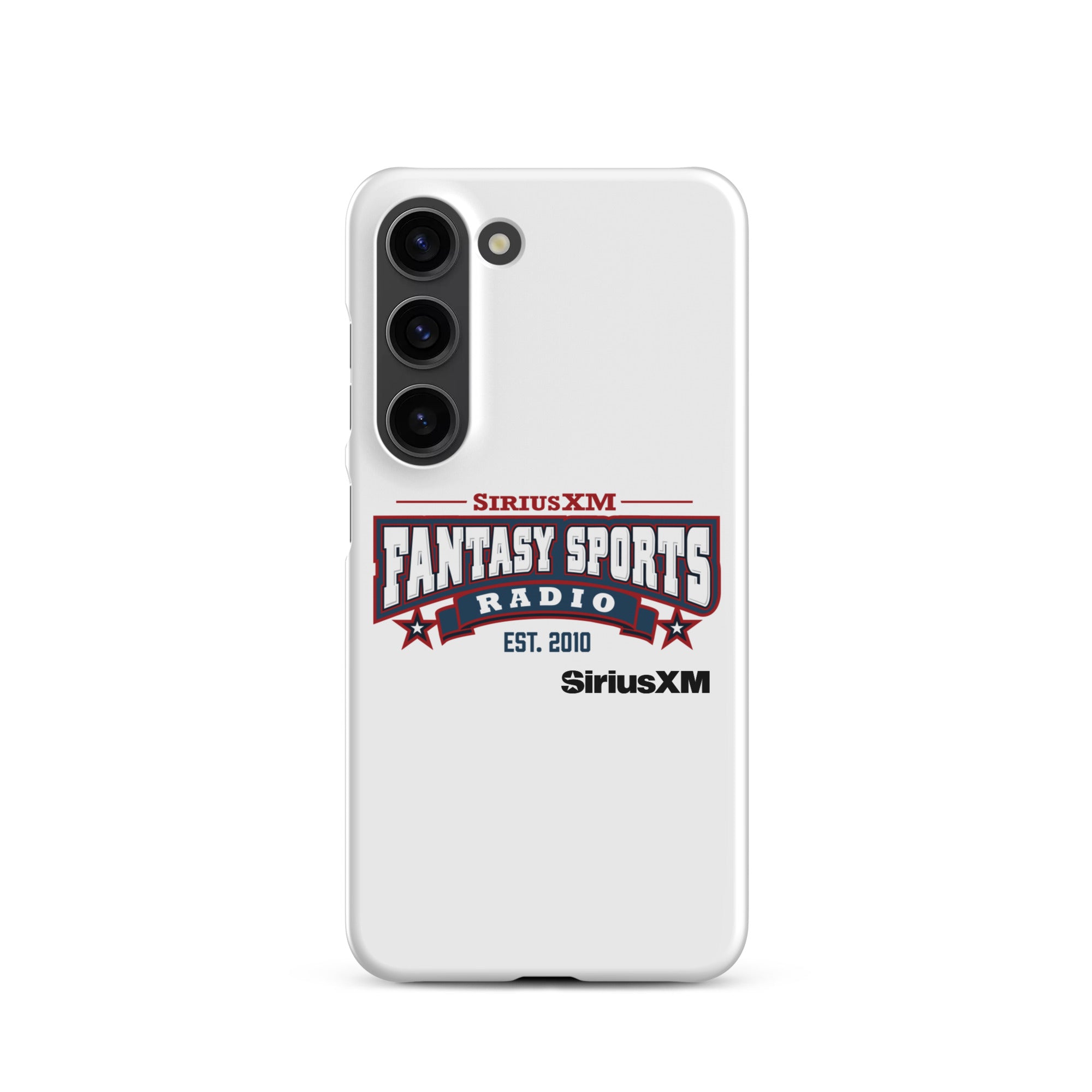 White phone case with 'SiriusXM Fantasy Sports Radio established 2010' logo, featuring red and blue design elements.