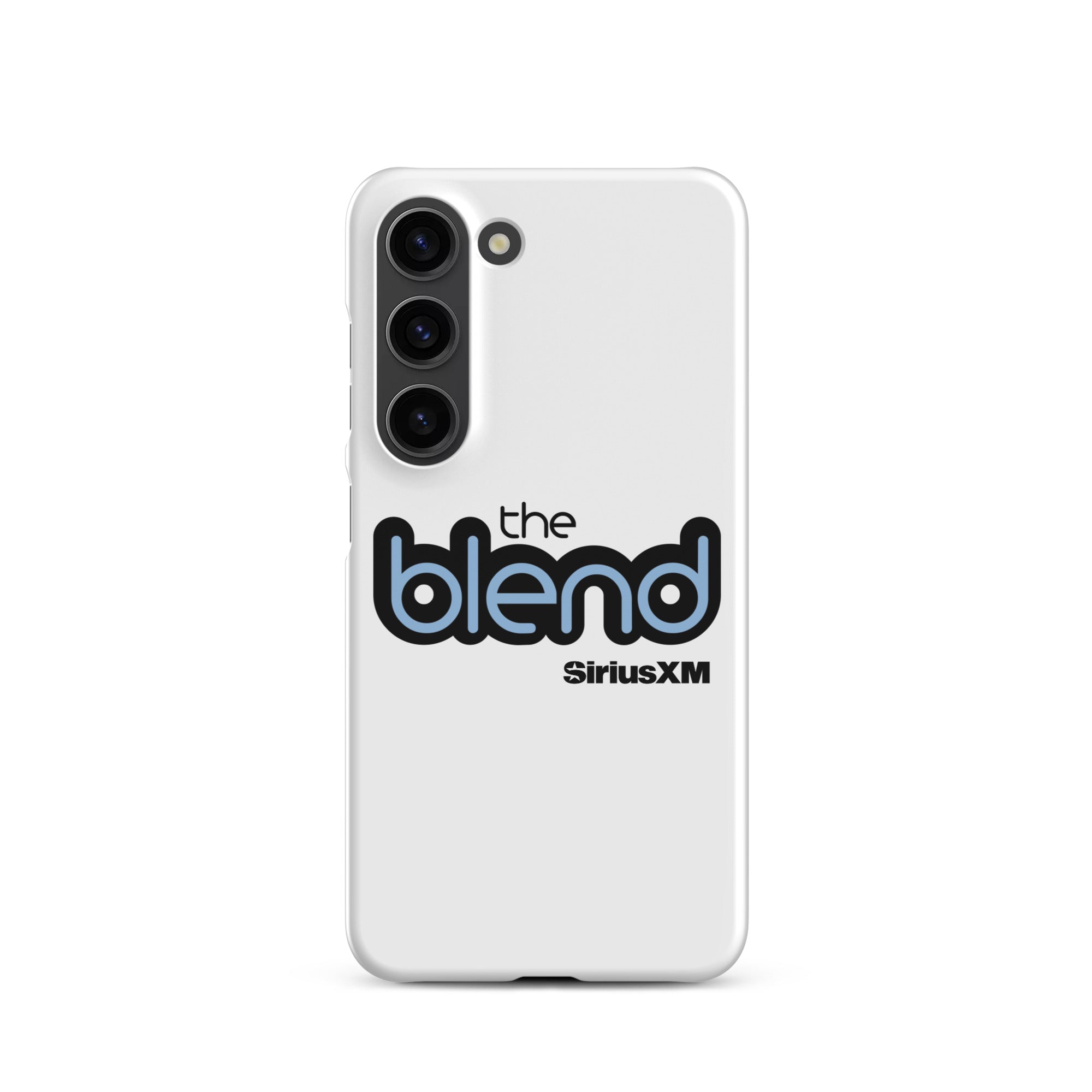 White phone case featuring the logo 'the blend' and 'SiriusXM' in blue and black text.