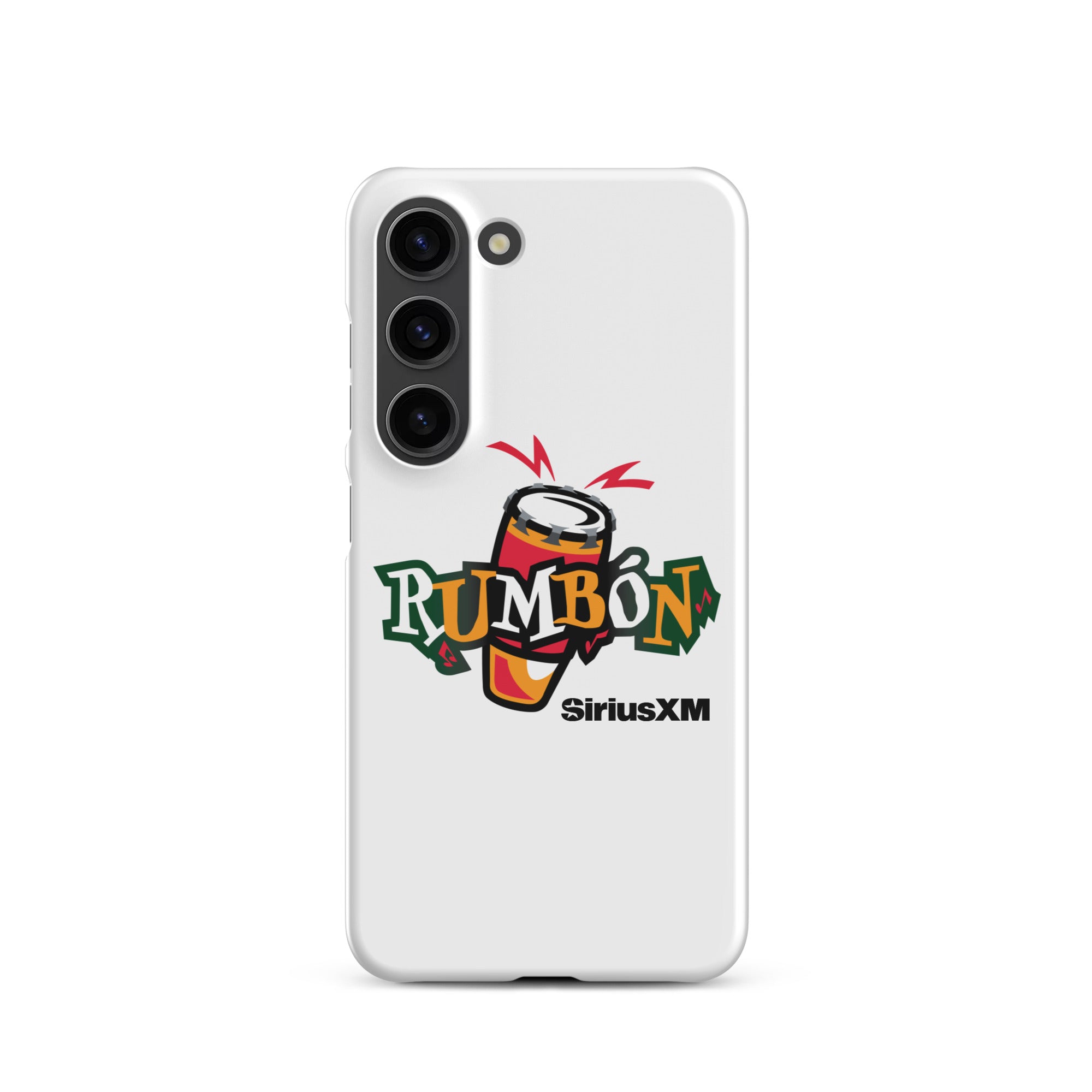 White phone case featuring a colorful 'Rumbón' logo with a conga drum and 'SiriusXM' branding.