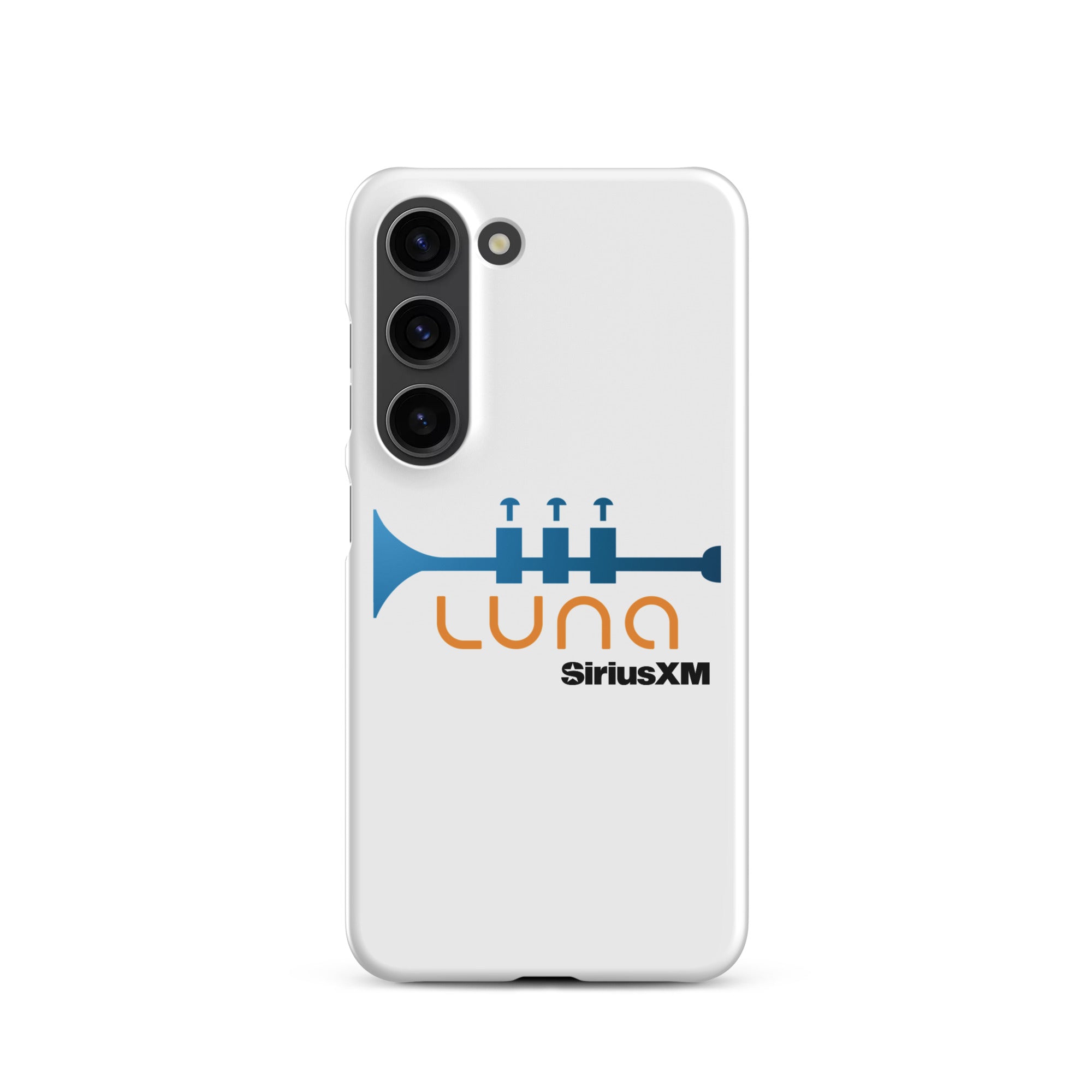 White phone case featuring a blue trumpet graphic and the logo 'LUNA SiriusXM' in orange and black.