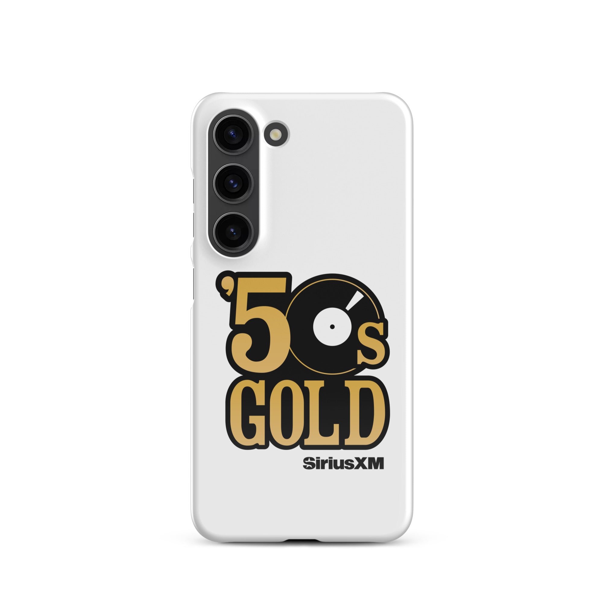 A white phone case featuring '50s GOLD' logo and 'SiriusXM' branding.