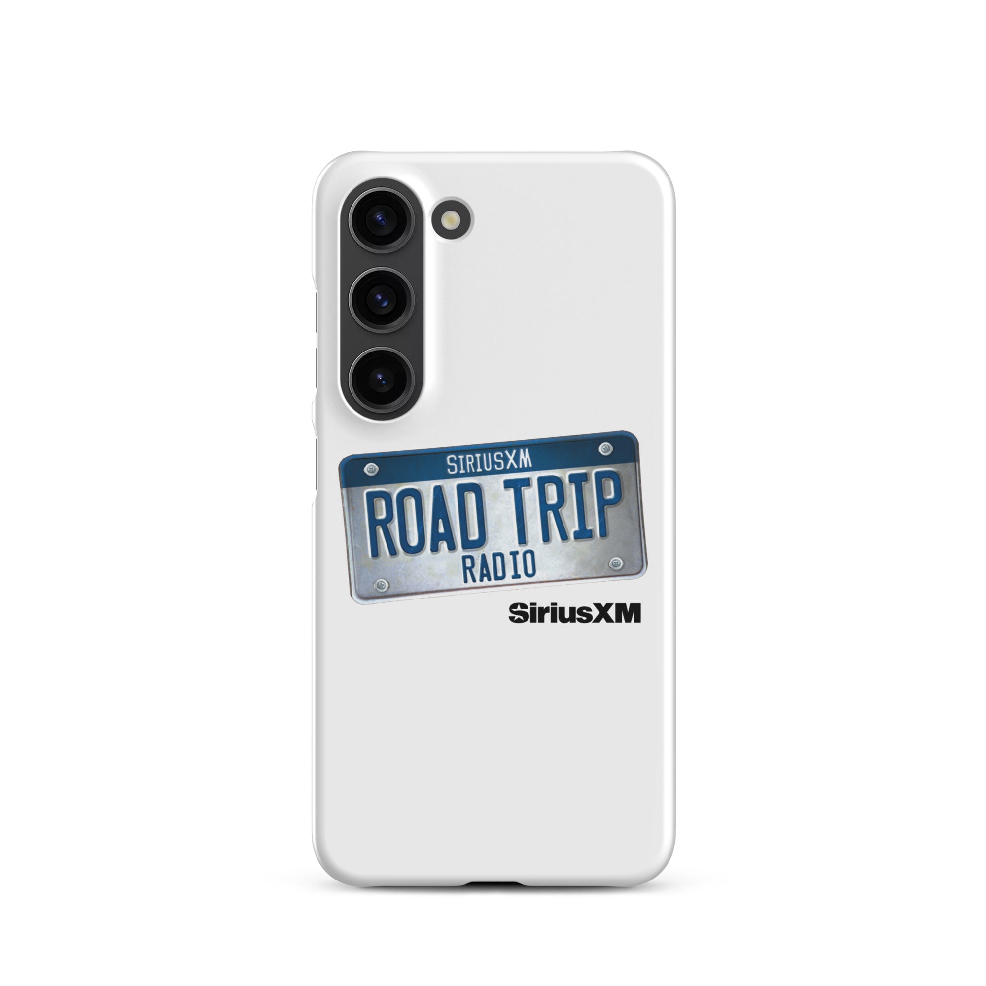 A white phone case featuring a license plate design with 'ROAD TRIP RADIO' and 'SiriusXM' branding.