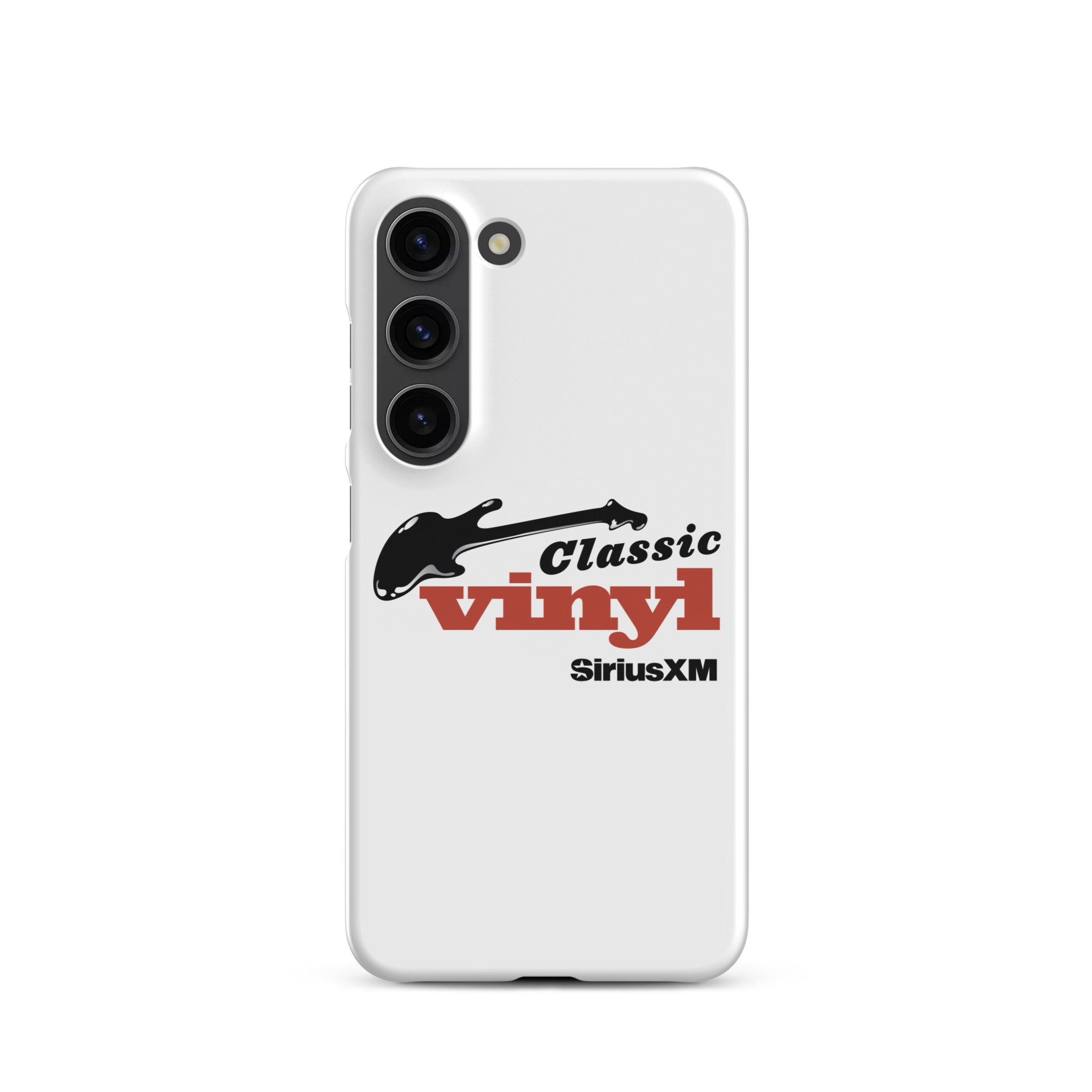 White phone case featuring 'Classic Vinyl' logo in red and black, and a black guitar graphic, with 'SiriusXM' logo.